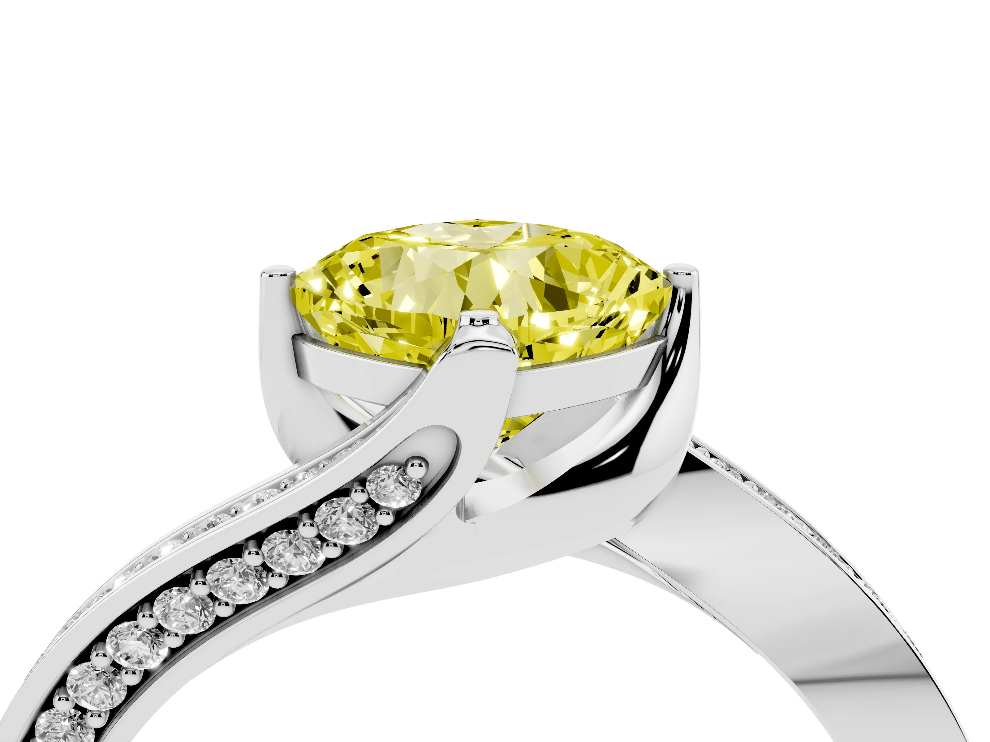 Fancy Yellow Cushion Cut Diamond Solitaire Ring Set in Silver with Intertwined Pavé Twist Band