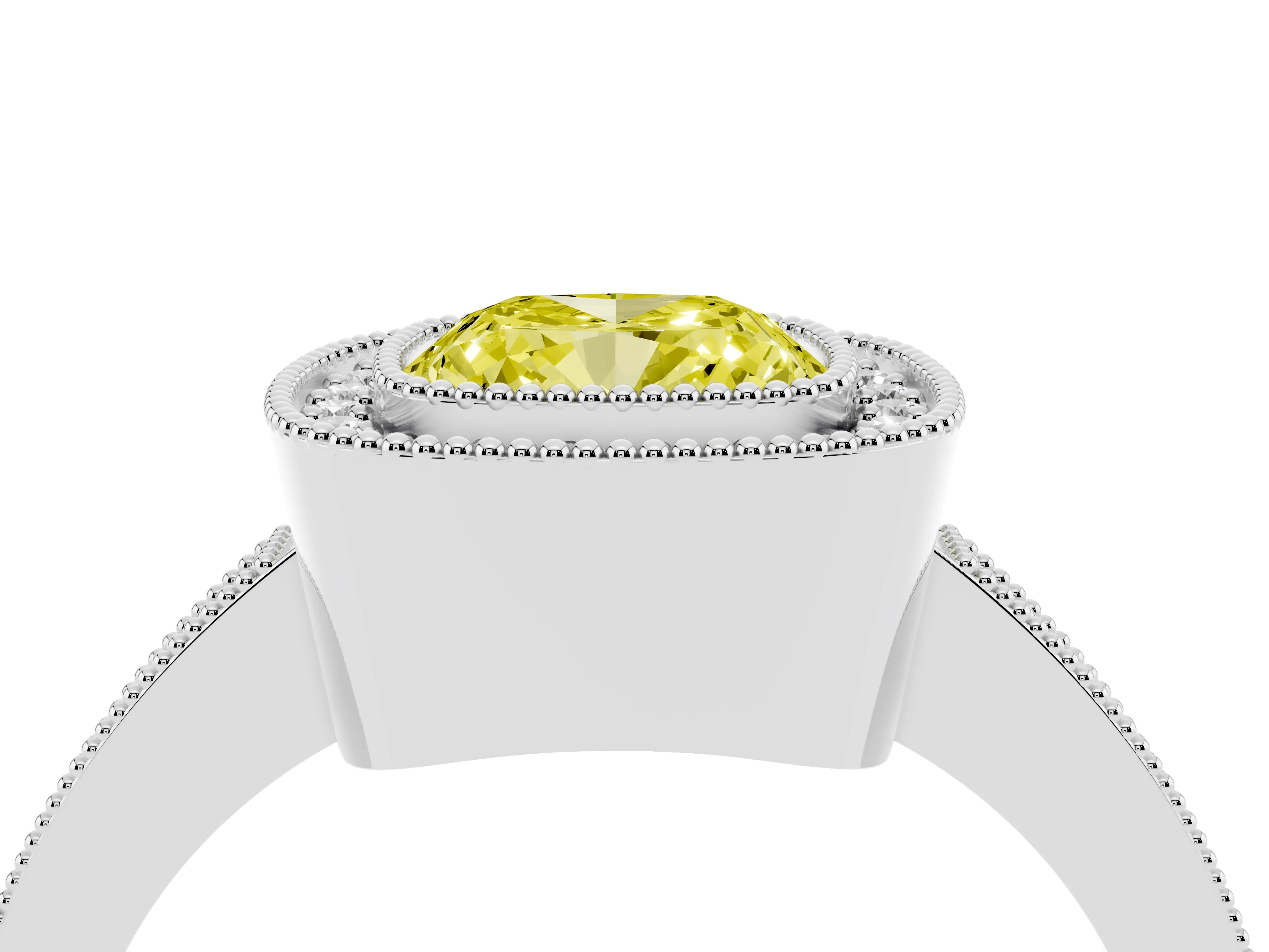 Fancy Yellow Cushion Cut Diamond Halo Engagement Ring Set in White gold with Pavé Band and Round Halo Stones