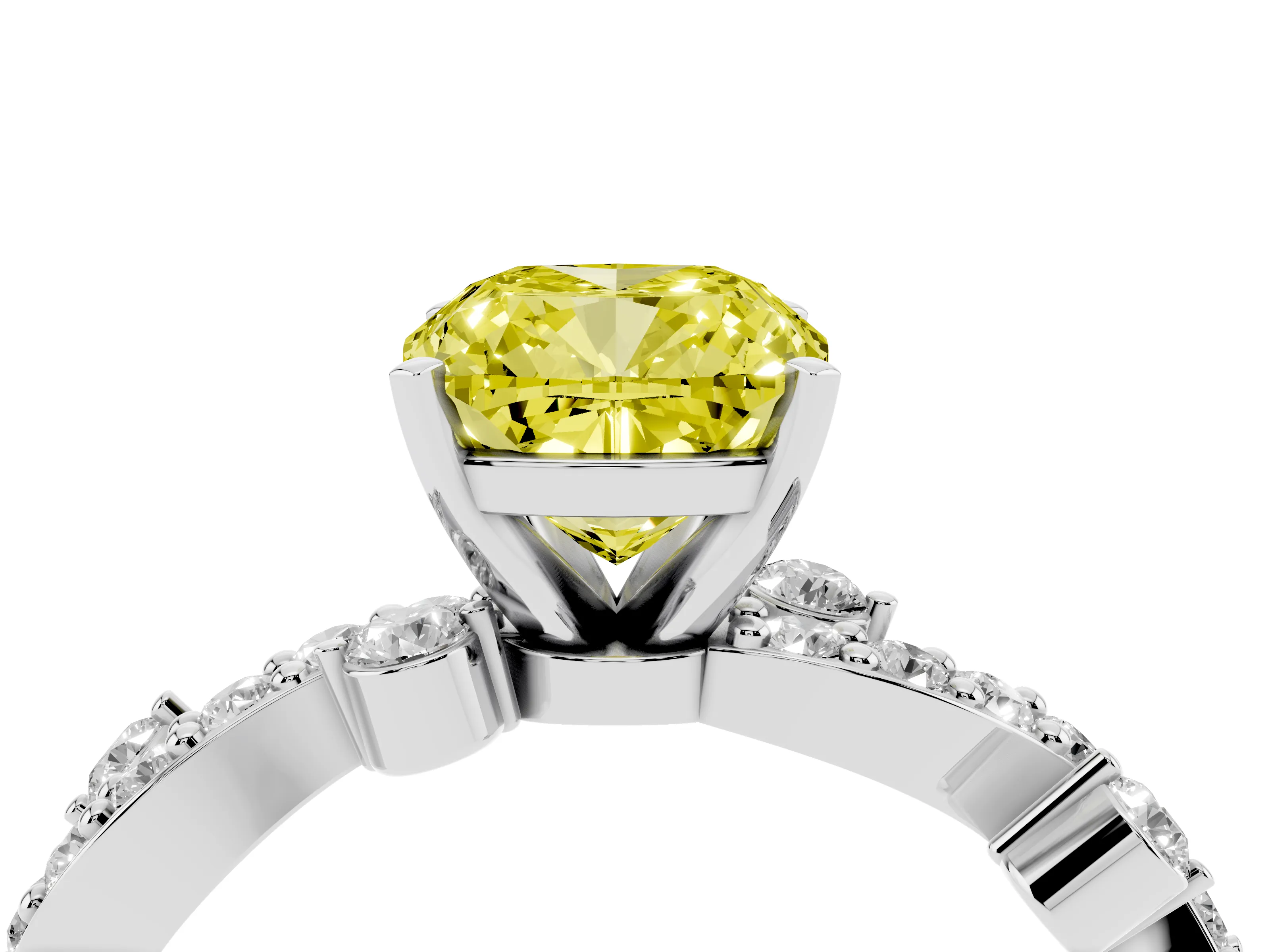 Fancy Yellow Cushion Cut Diamond Solitaire Twisted Band Set in White gold with Pavé Setting