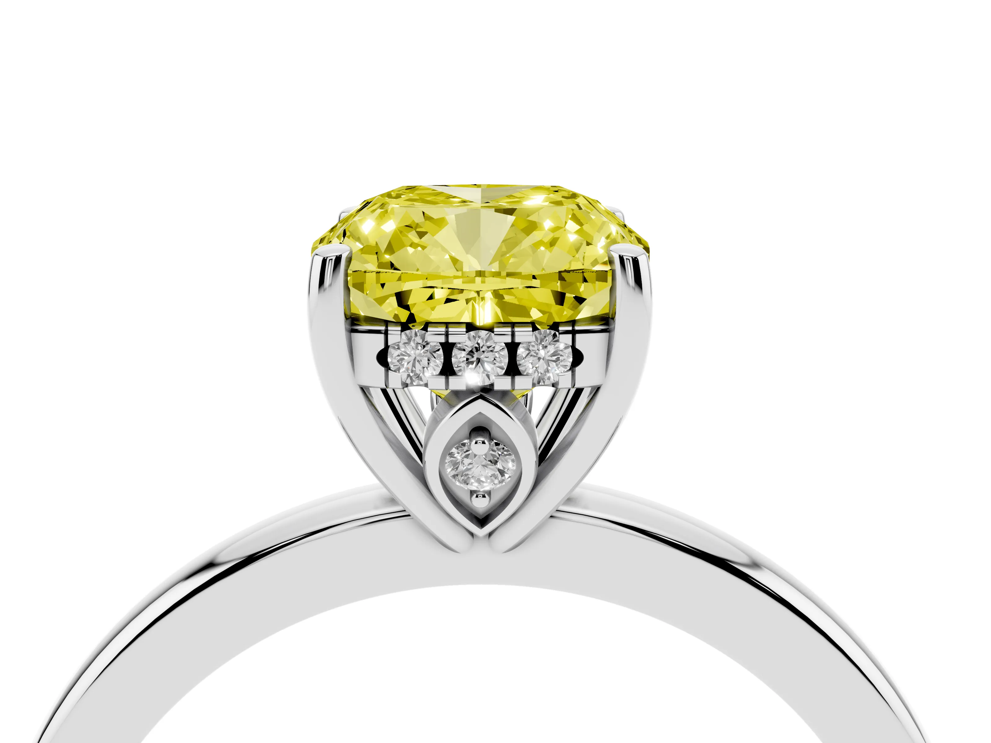 Fancy Yellow Cushion Cut Diamond Solitaire Ring Set in Platinum with Plain Band and Prong Setting