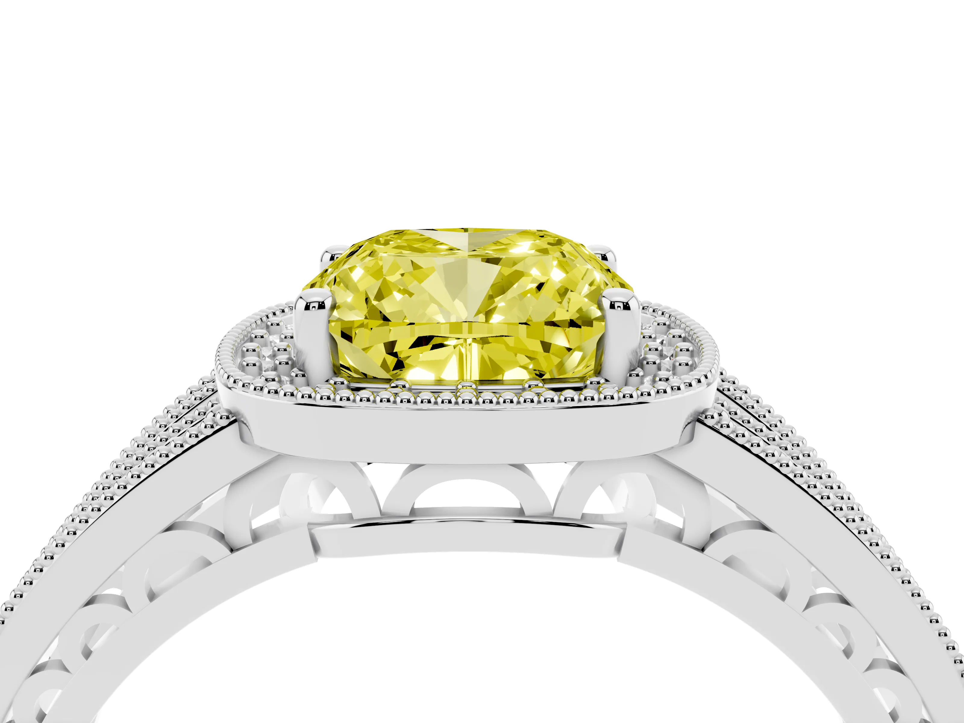 Fancy Yellow Cushion Cut Diamond Halo Ring Set in Silver with Accent Split Shank and Prong Setting