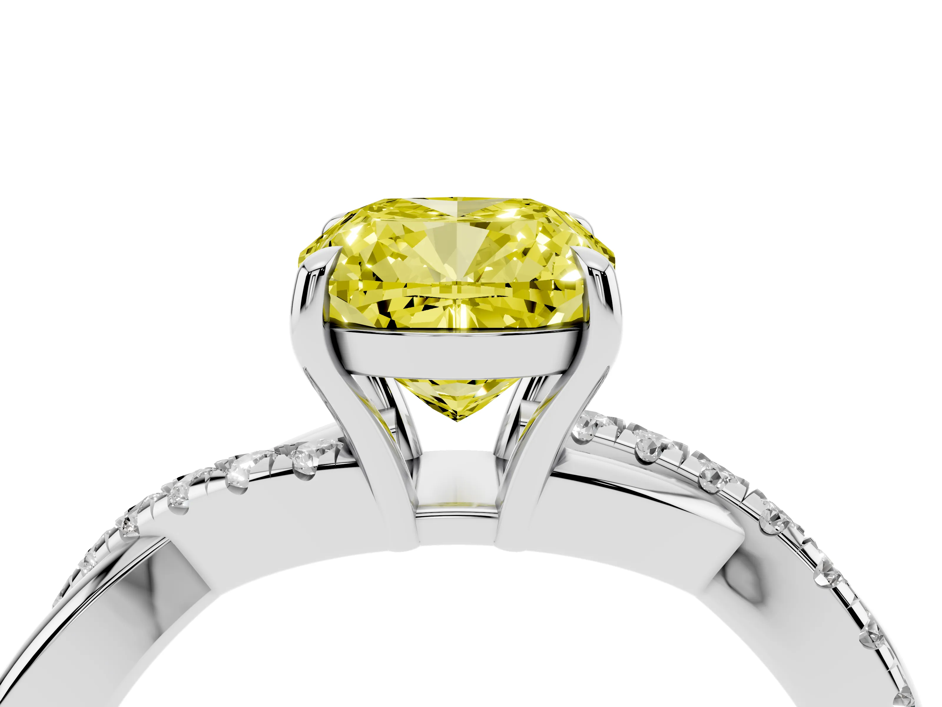 Fancy Yellow Cushion Cut Diamond Twisted Pavé Band Ring Set in Platinum with Prong Setting
