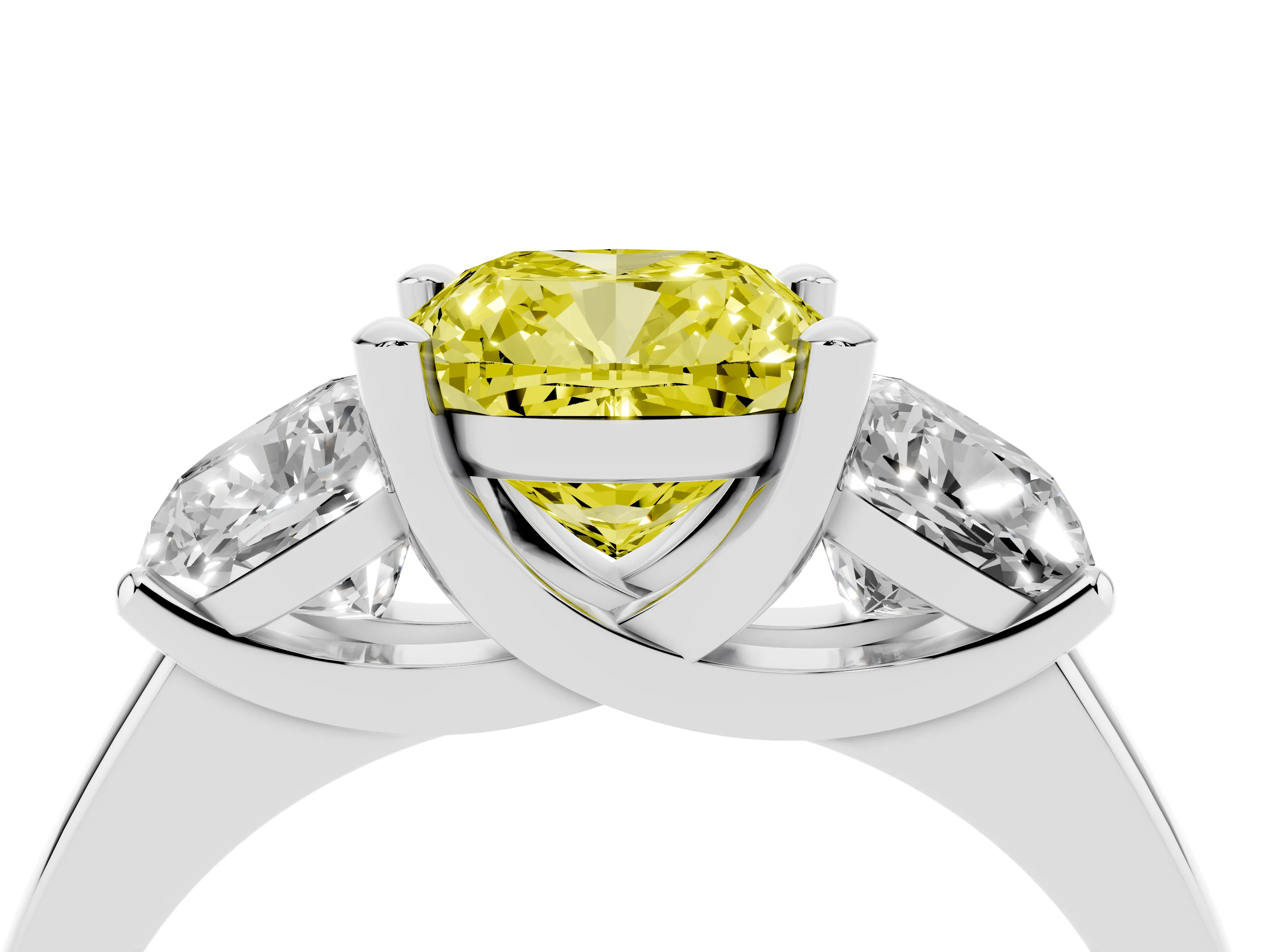 Fancy Yellow Cushion Cut Diamond Three-Stone Ring Set in White gold with Classic Prong Setting and Plain Band