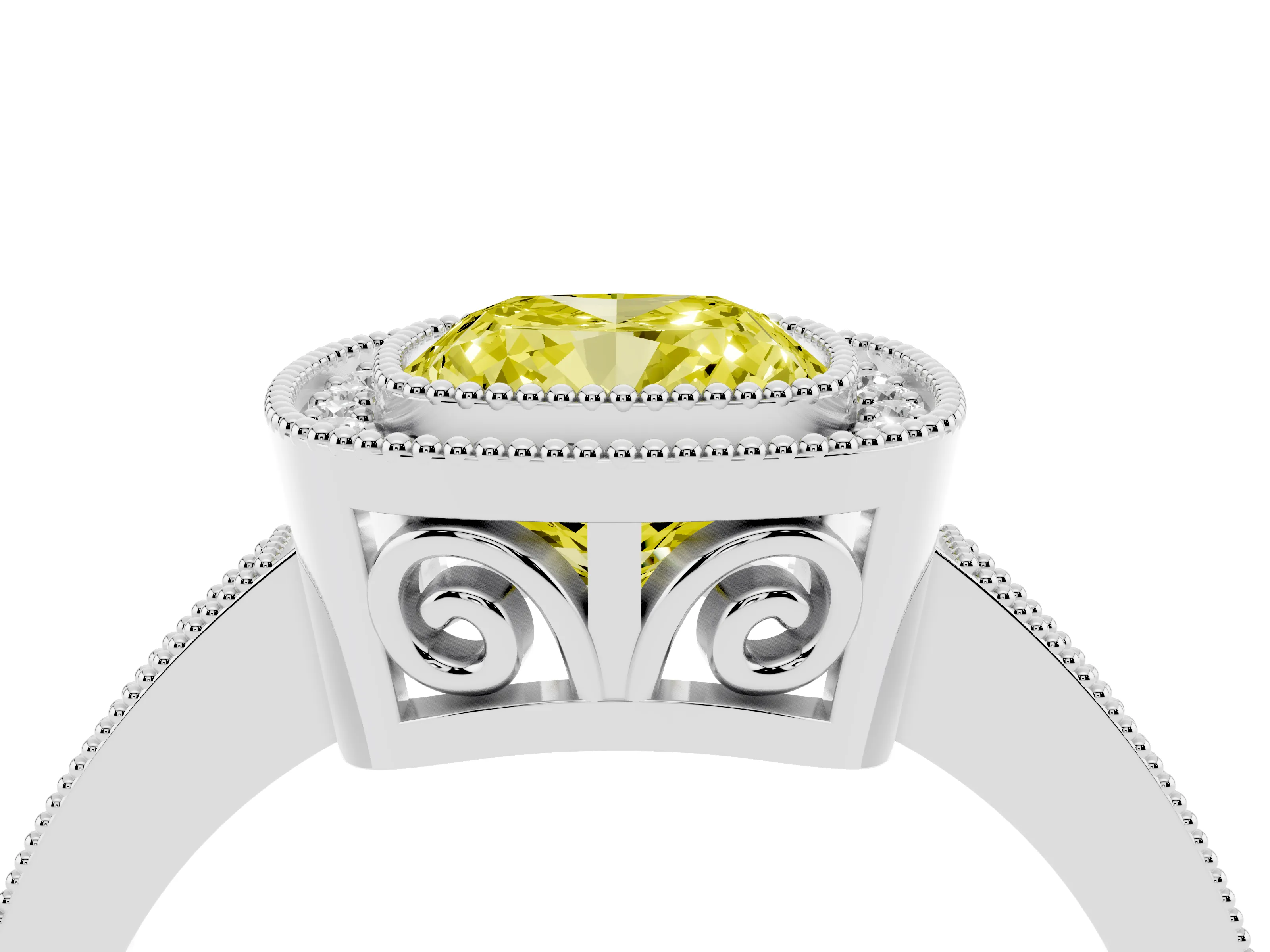Fancy Yellow Cushion Cut Diamond Round Halo Ring Set in Platinum with Pavé Band