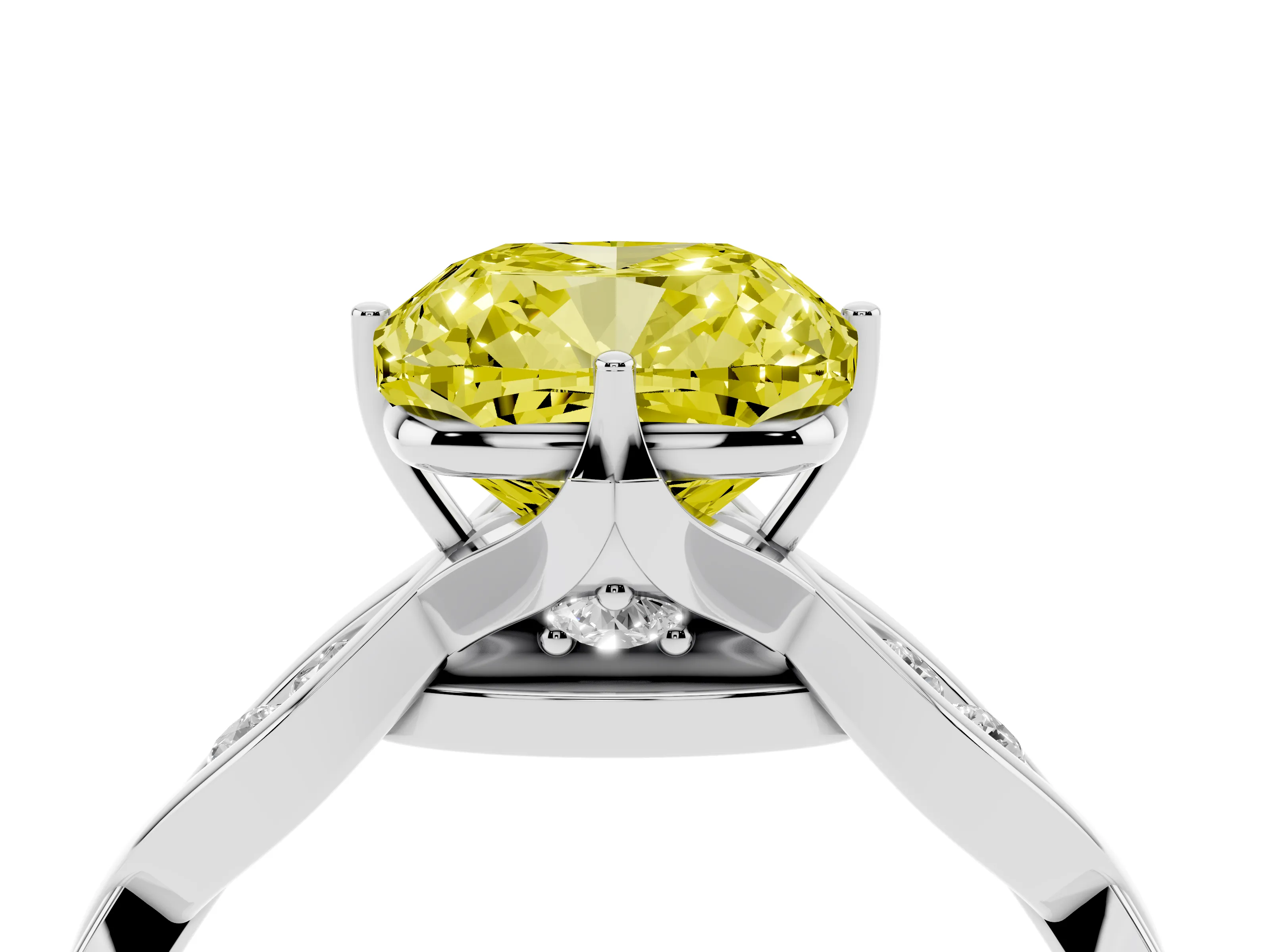 Fancy Yellow Cushion Cut Diamond Twist Band Solitaire Ring Set in Platinum with Leaf Prong Setting and Accent Stones