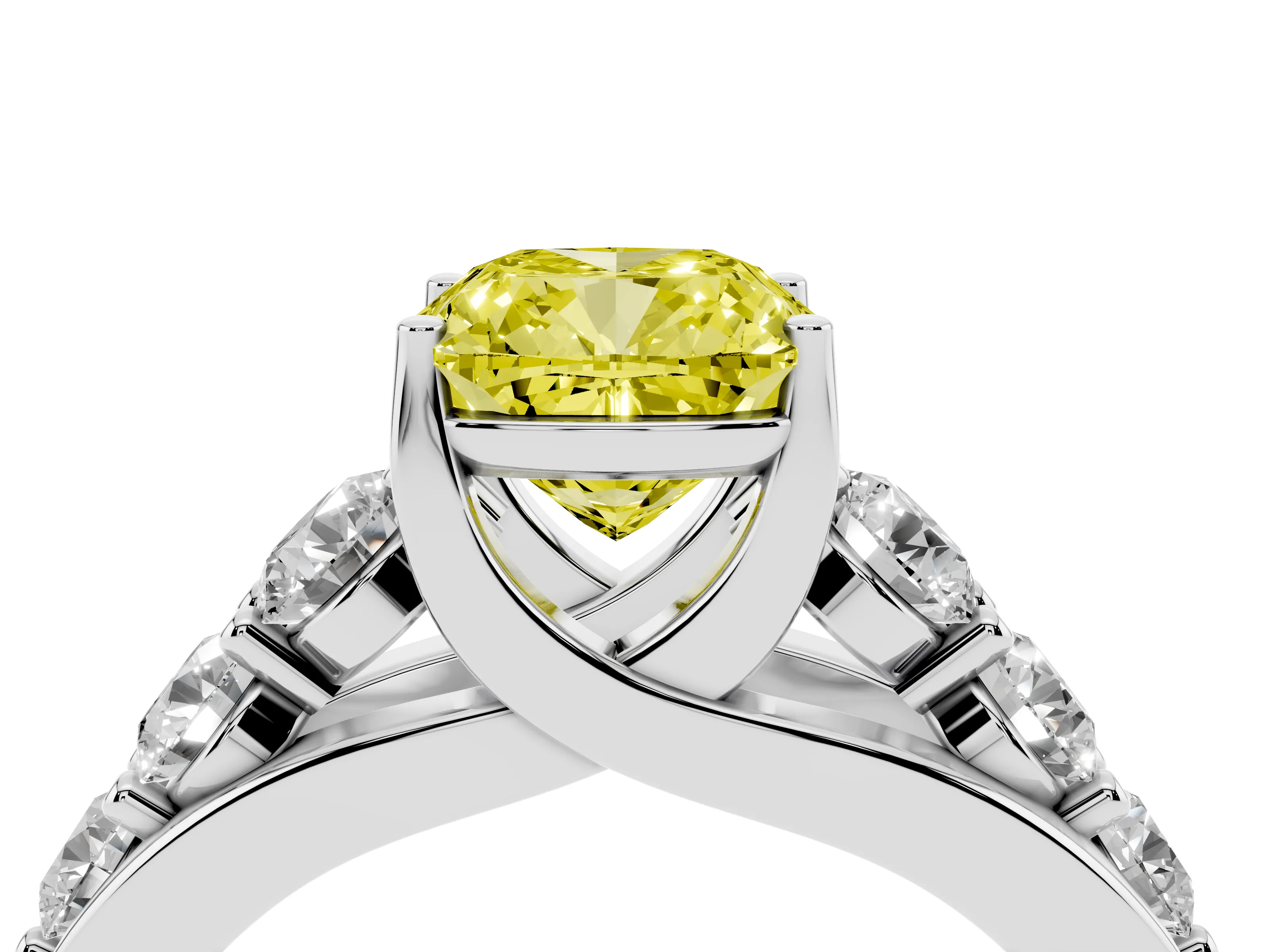 Fancy Yellow Cushion Cut Diamond Pavé Engagement Ring Set in Silver with Prong Setting