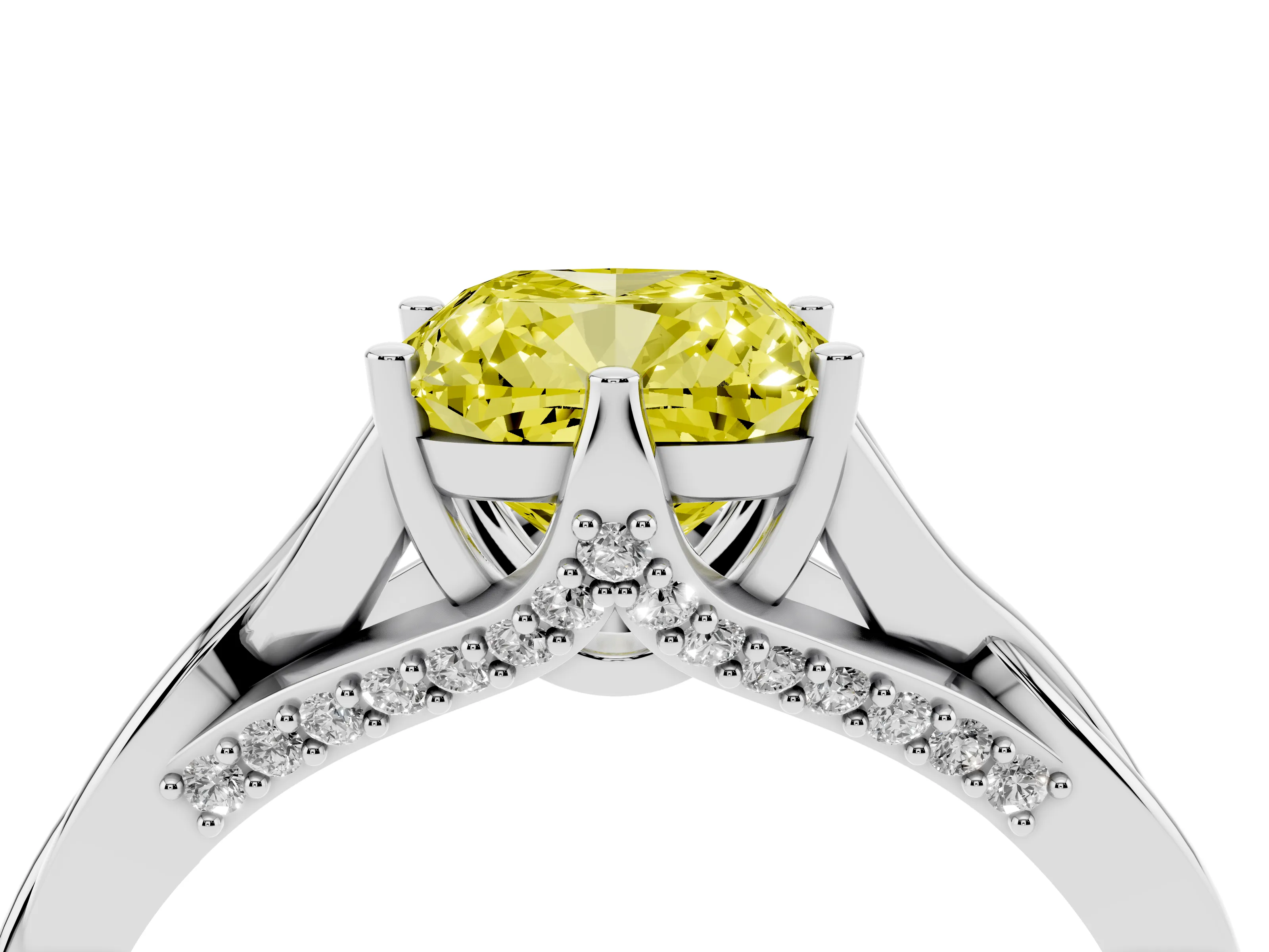 Fancy Yellow Cushion Cut Diamond Intertwined Twist Band Solitaire Ring Set in White gold with Prong Setting