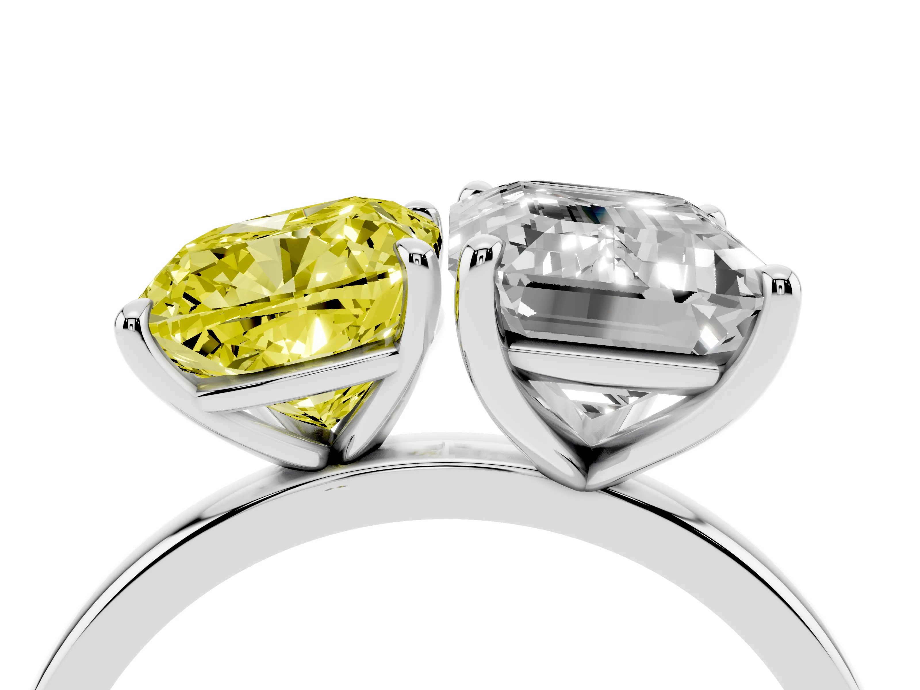 Fancy Yellow Cushion Cut and Emerald Cut Toi Moi Ring Set in Platinum with Prong Setting