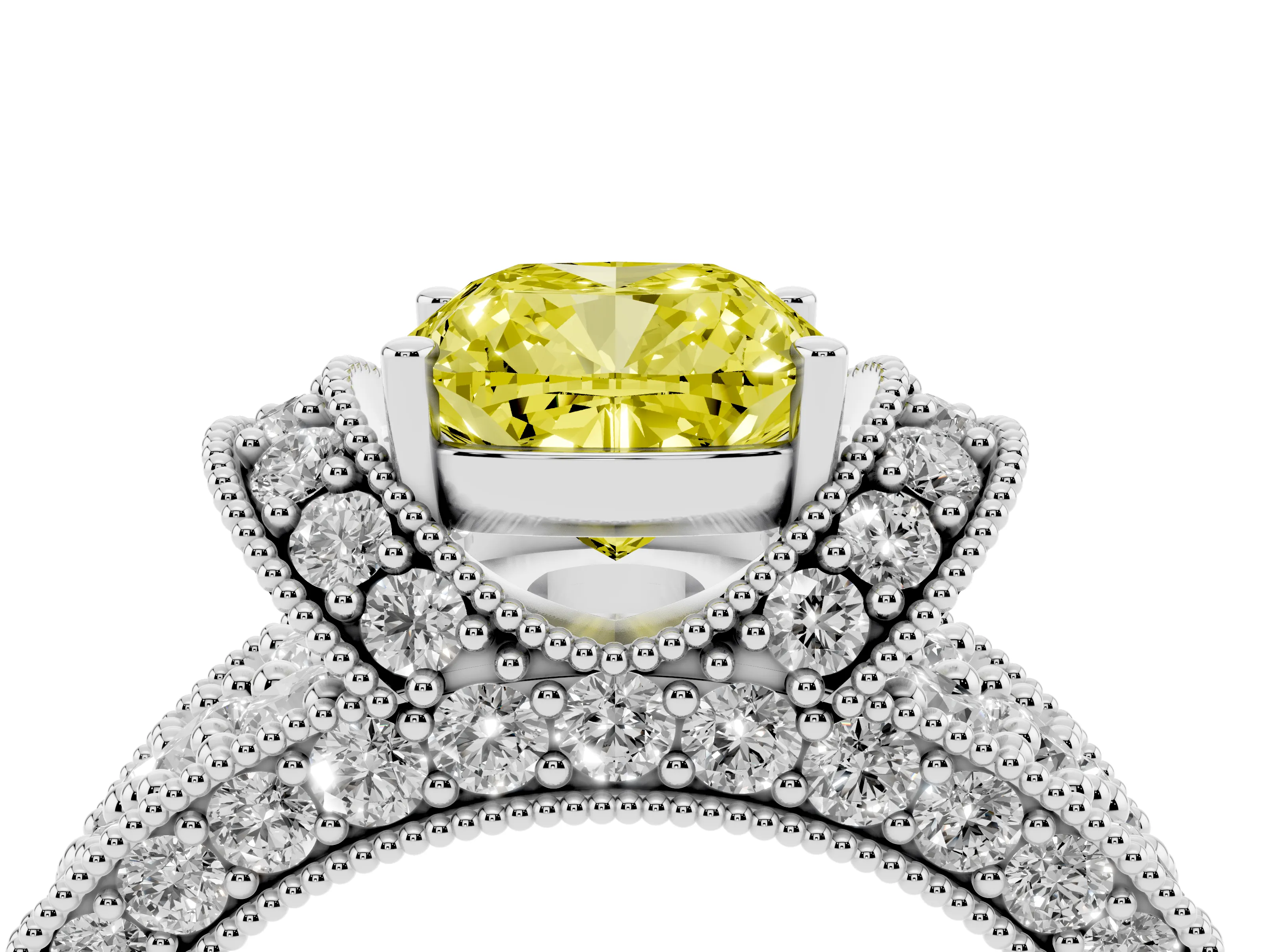 Fancy Yellow Cushion Cut Diamond Milgrain Halo Pavé Engagement Ring Set in Silver with Prong Setting