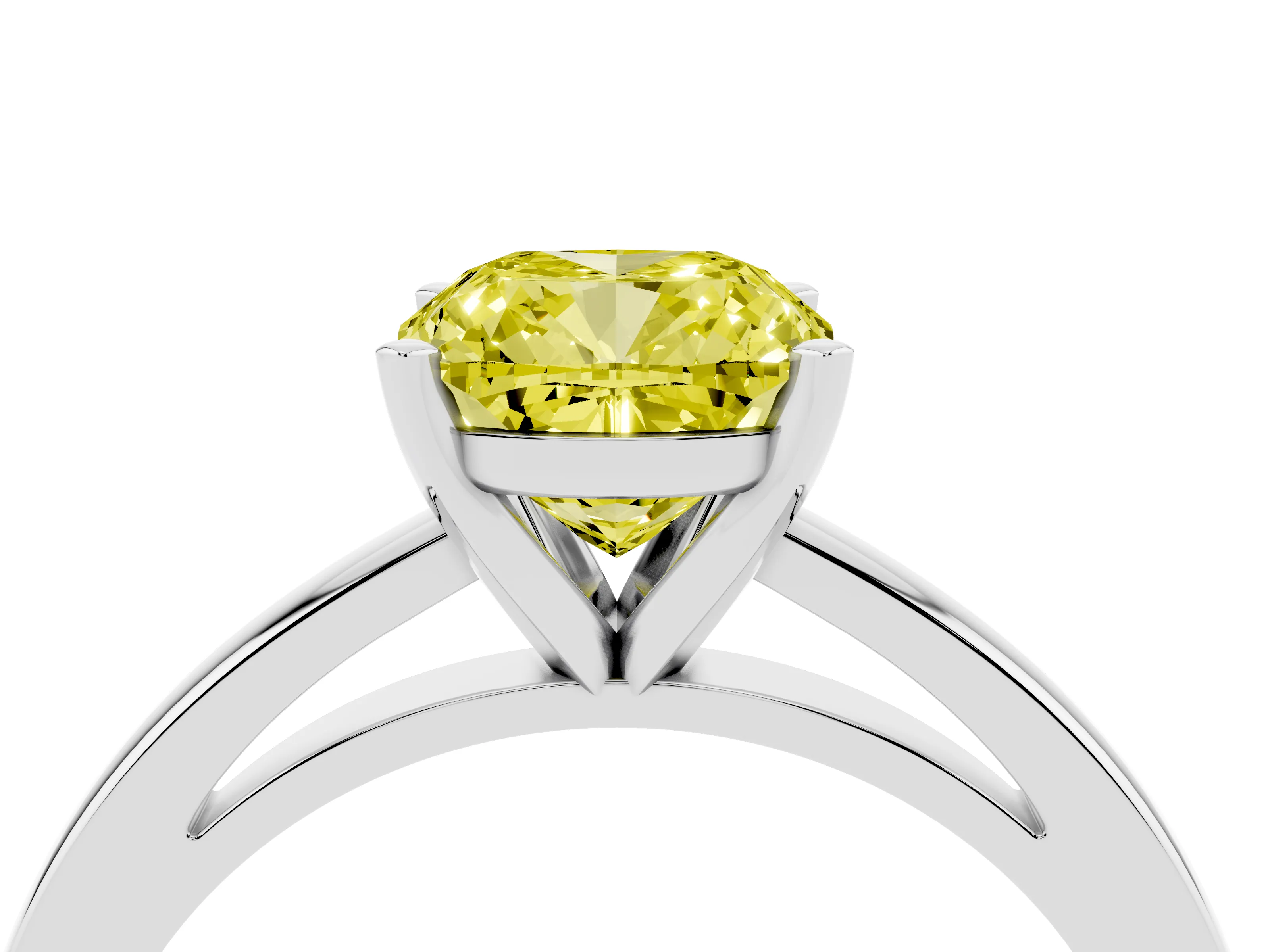 Fancy Yellow Cushion Cut Diamond Solitaire Engagement Ring Set in Platinum with Prong Setting on a Classic Band