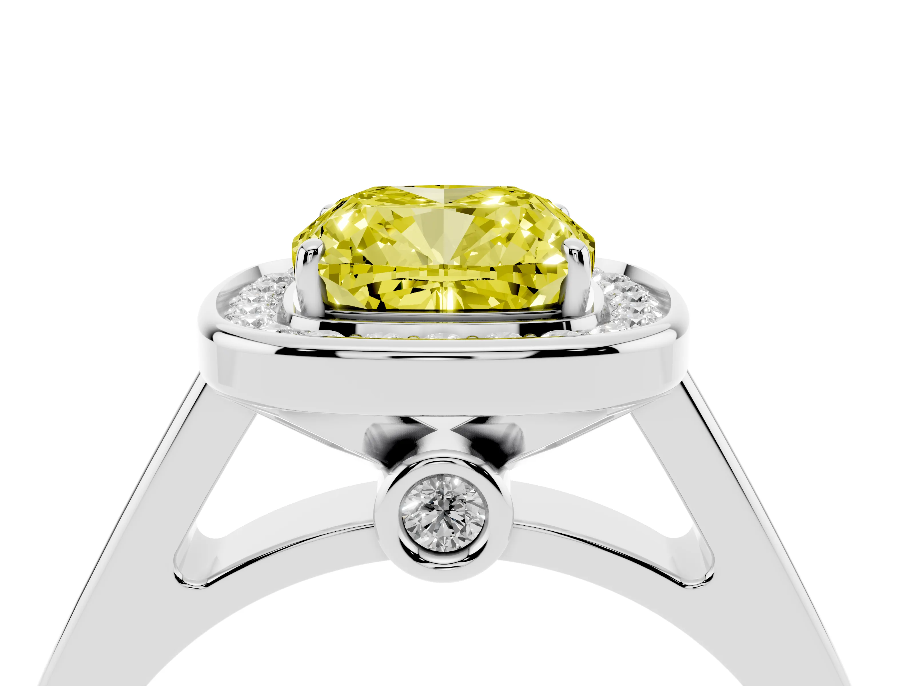 Fancy Yellow Cushion Cut Diamond Halo Solitaire Ring Set in Silver with Pavé Band and Bezel Setting