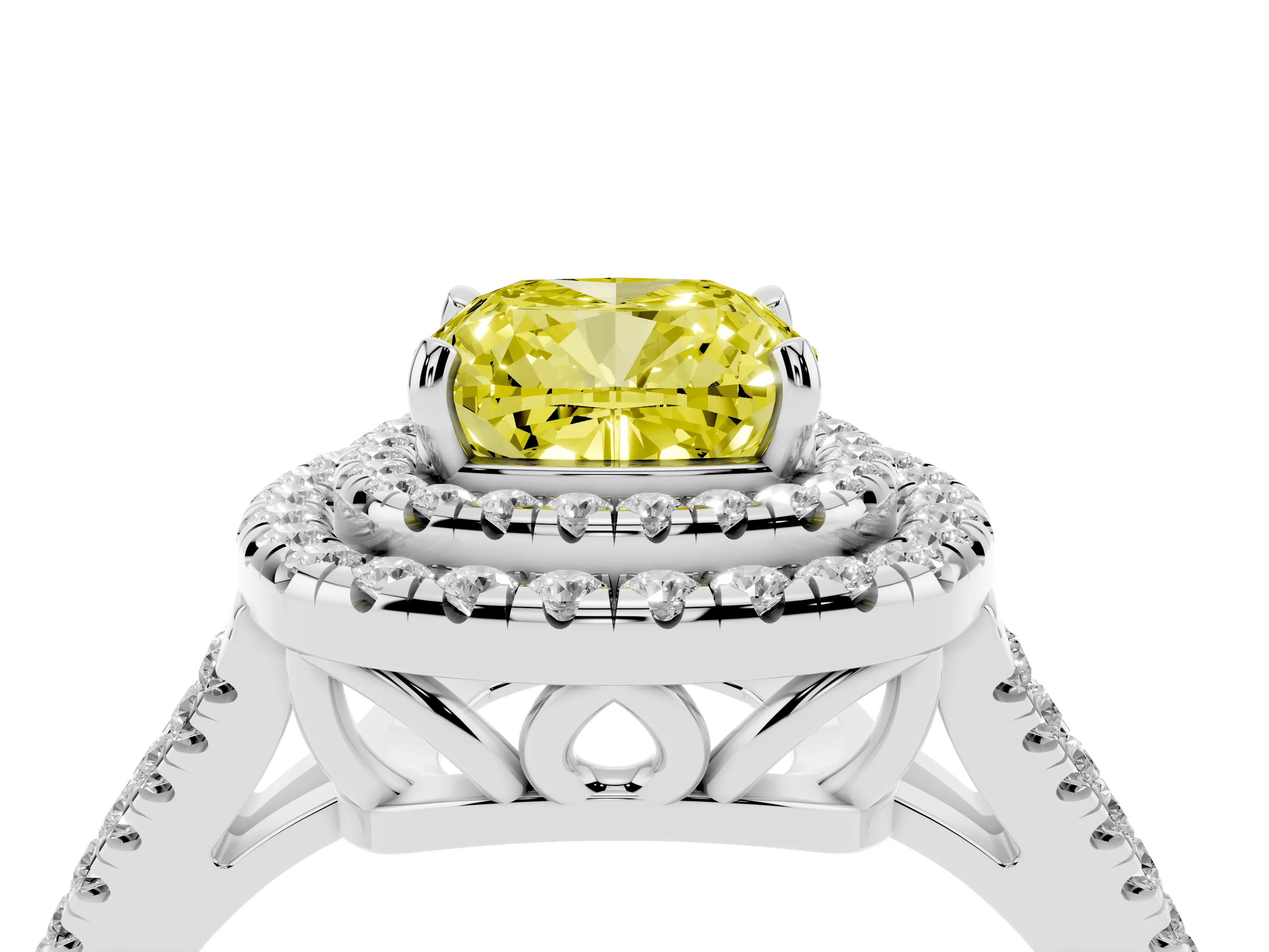 Fancy Yellow Cushion Cut Diamond Double Halo Ring Set in Platinum with Pavé Band