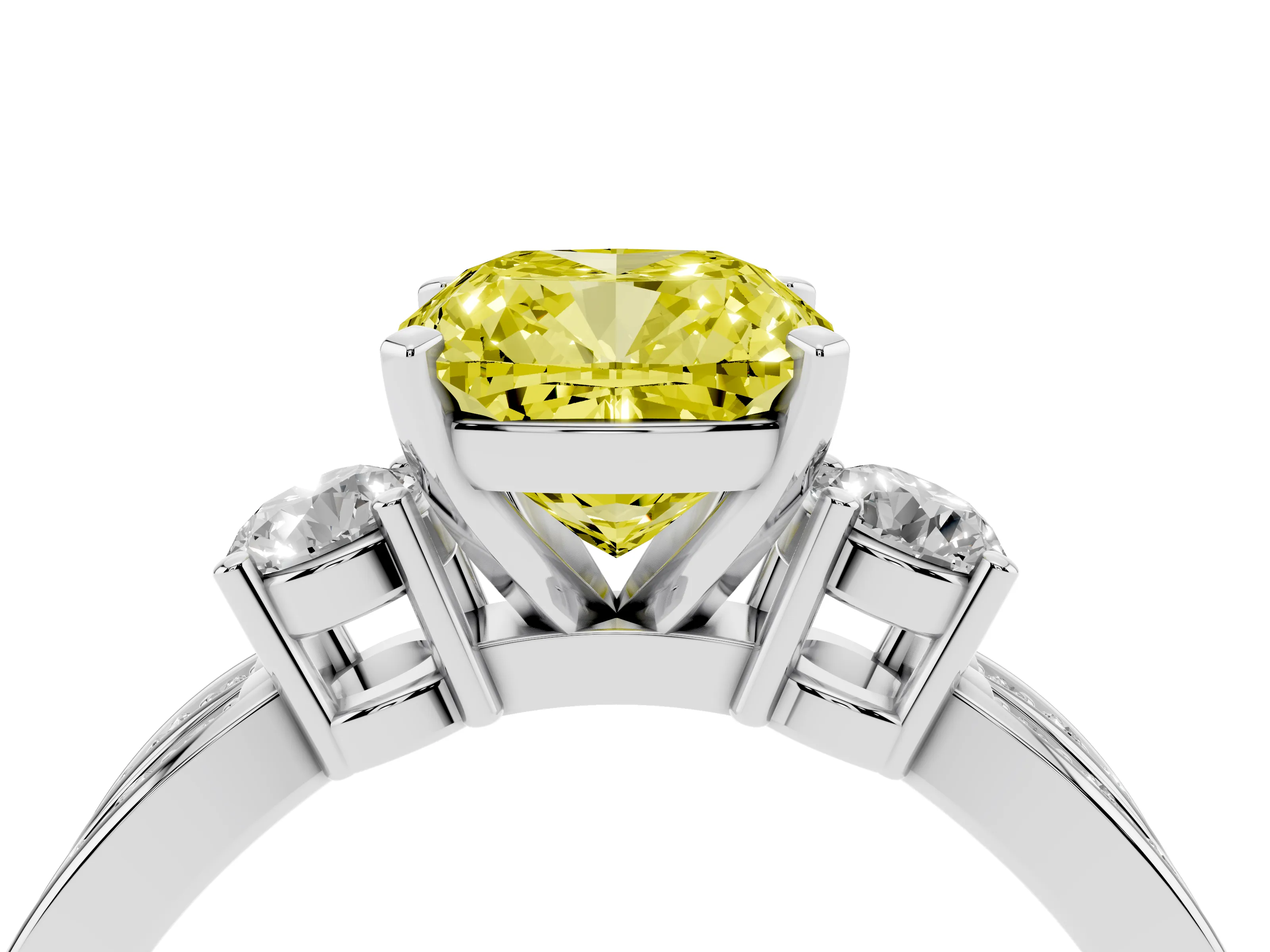 Fancy Yellow Three-Stone Cushion Cut Diamond Twist Band Ring Set in Platinum with Pavé Accents and Prong Setting