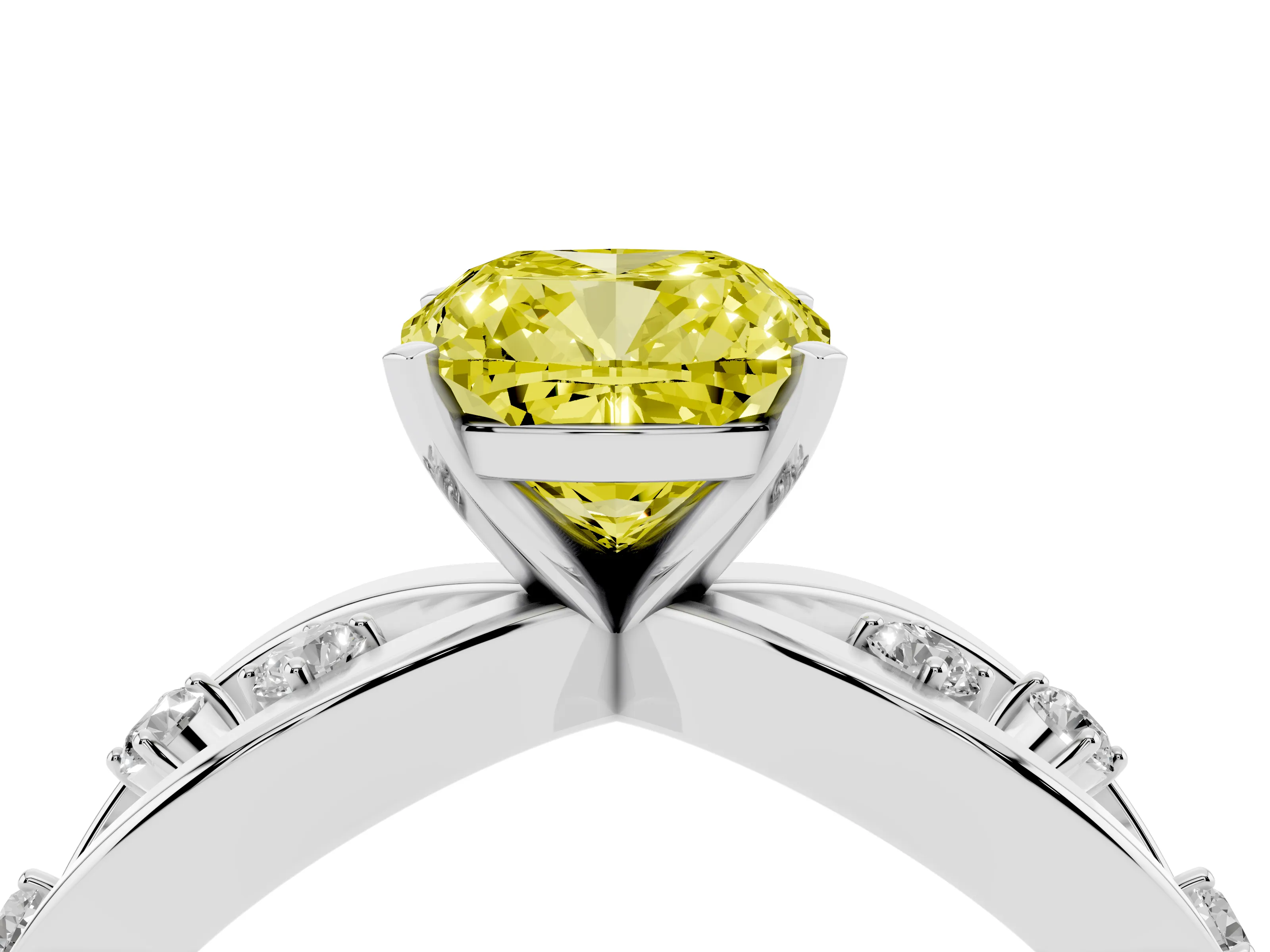 Fancy Yellow Cushion Cut Diamond Solitaire Ring Set in Platinum with Side Stones on Criss-Cross Band and Prong Setting