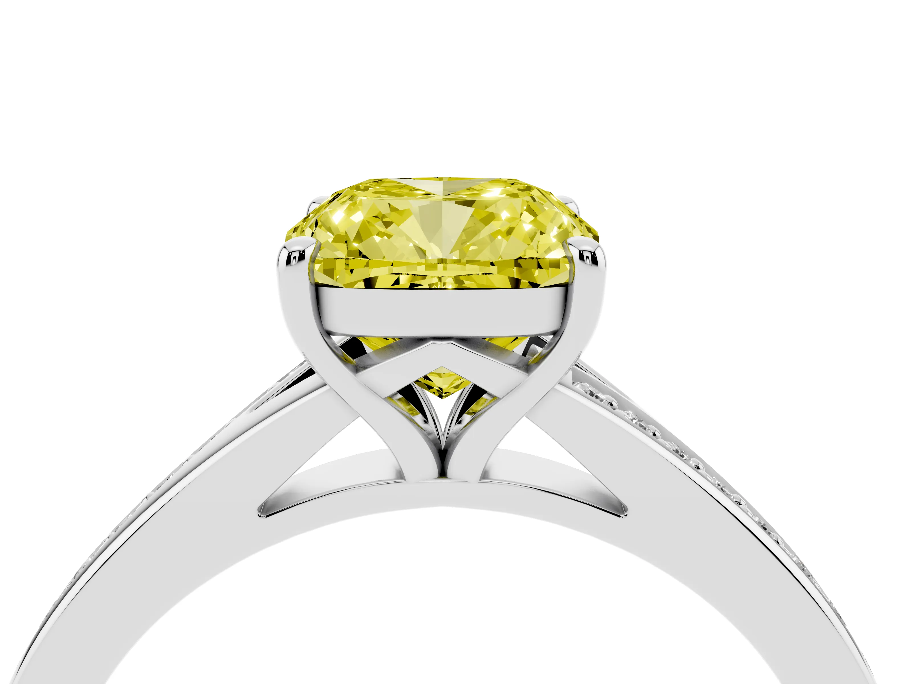 Fancy Yellow Cushion Cut Diamond Solitaire Ring Set in Platinum with Pavé Accent Band and Classic Prong Setting