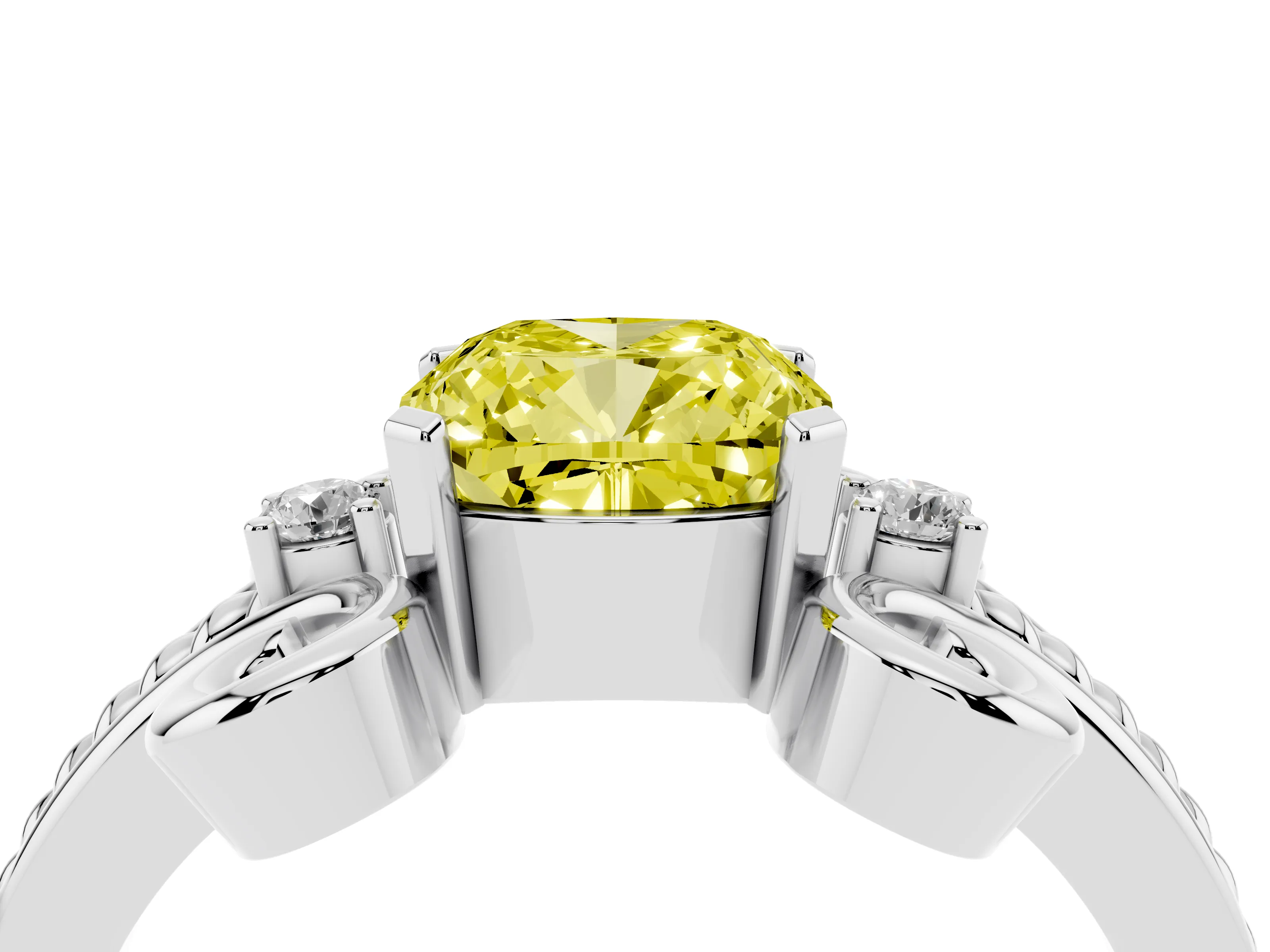 Fancy Yellow Cushion Cut Diamond Twisted Band Solitaire Ring Set in White gold with Scroll Prongs