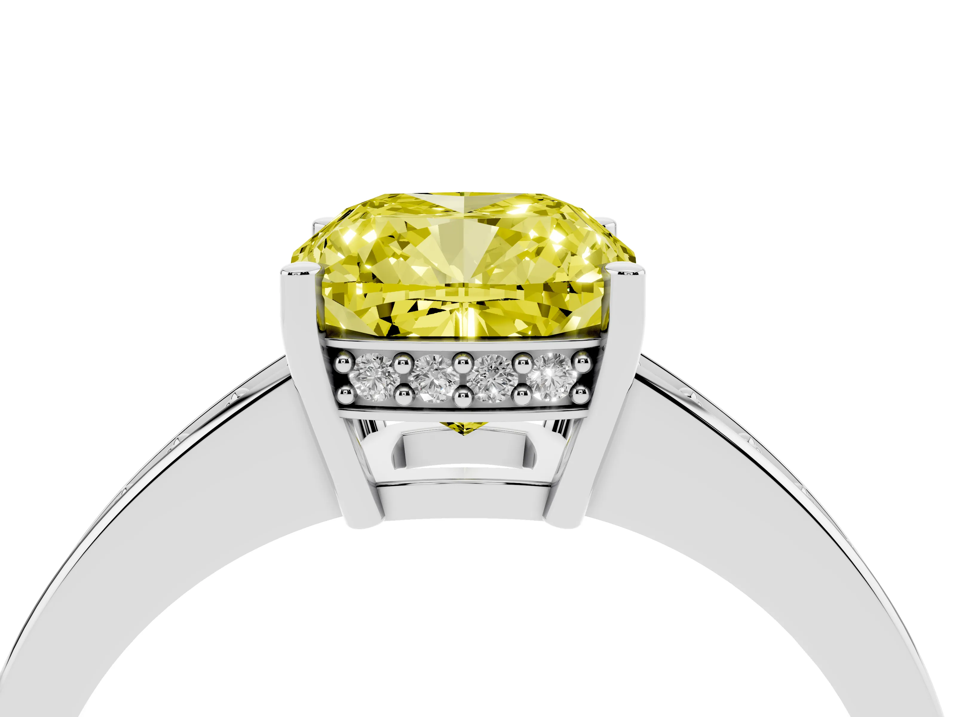 Fancy Yellow Cushion Cut Diamond Pavé Band Prong Set Solitaire Ring Set in Silver