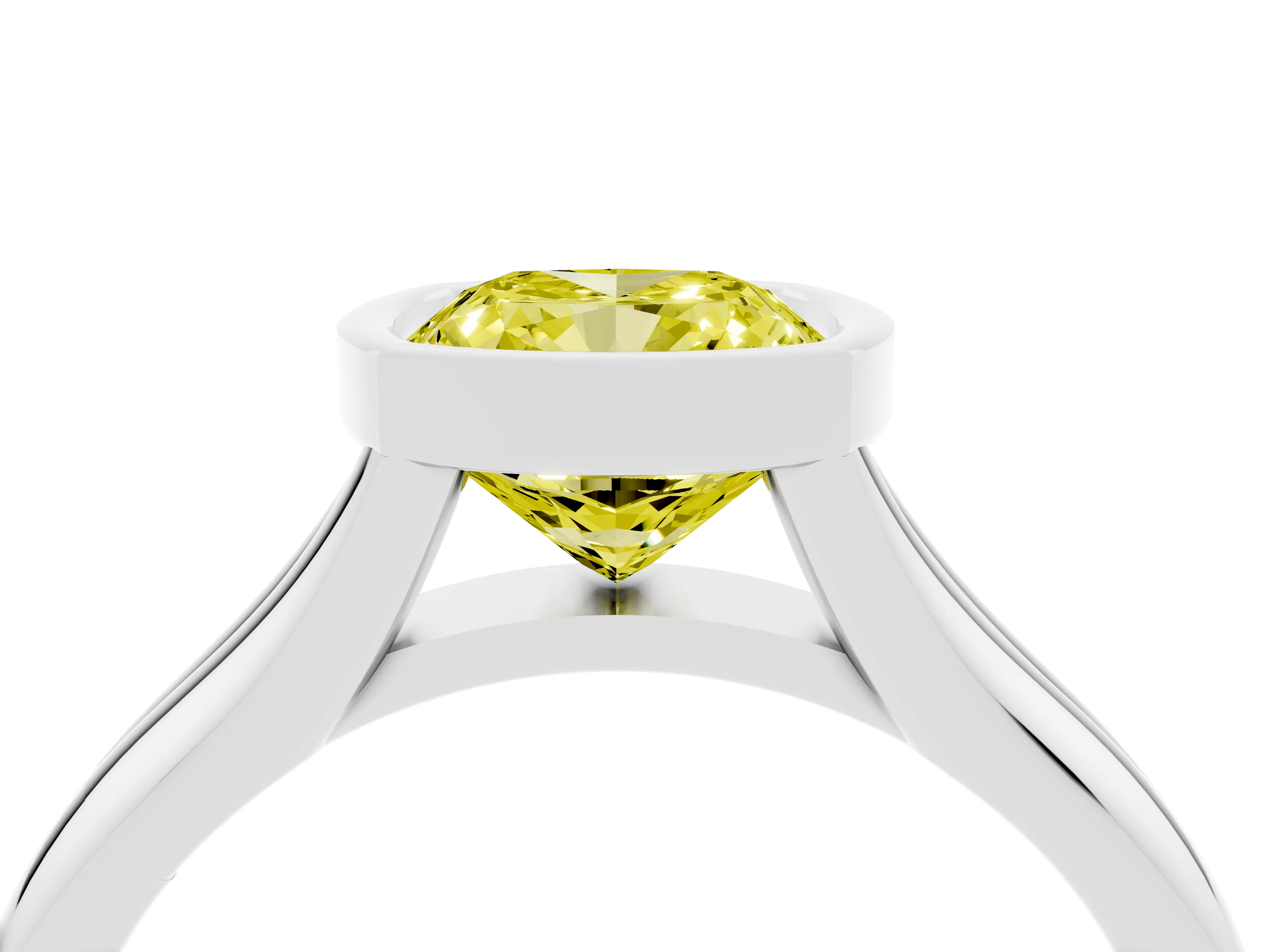 Fancy Yellow Bezel Set Cushion Cut Diamond Solitaire Ring Set in Silver with Smooth Band
