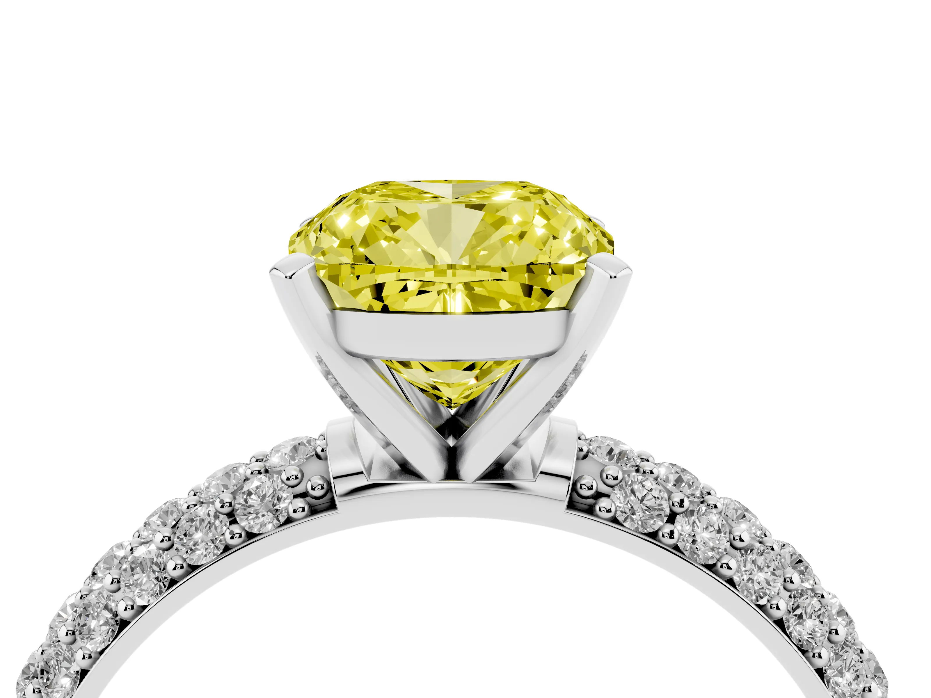 Fancy Yellow Cushion Cut Diamond Solitaire Ring Set in White gold with Prong Setting and Pavé-Set Band
