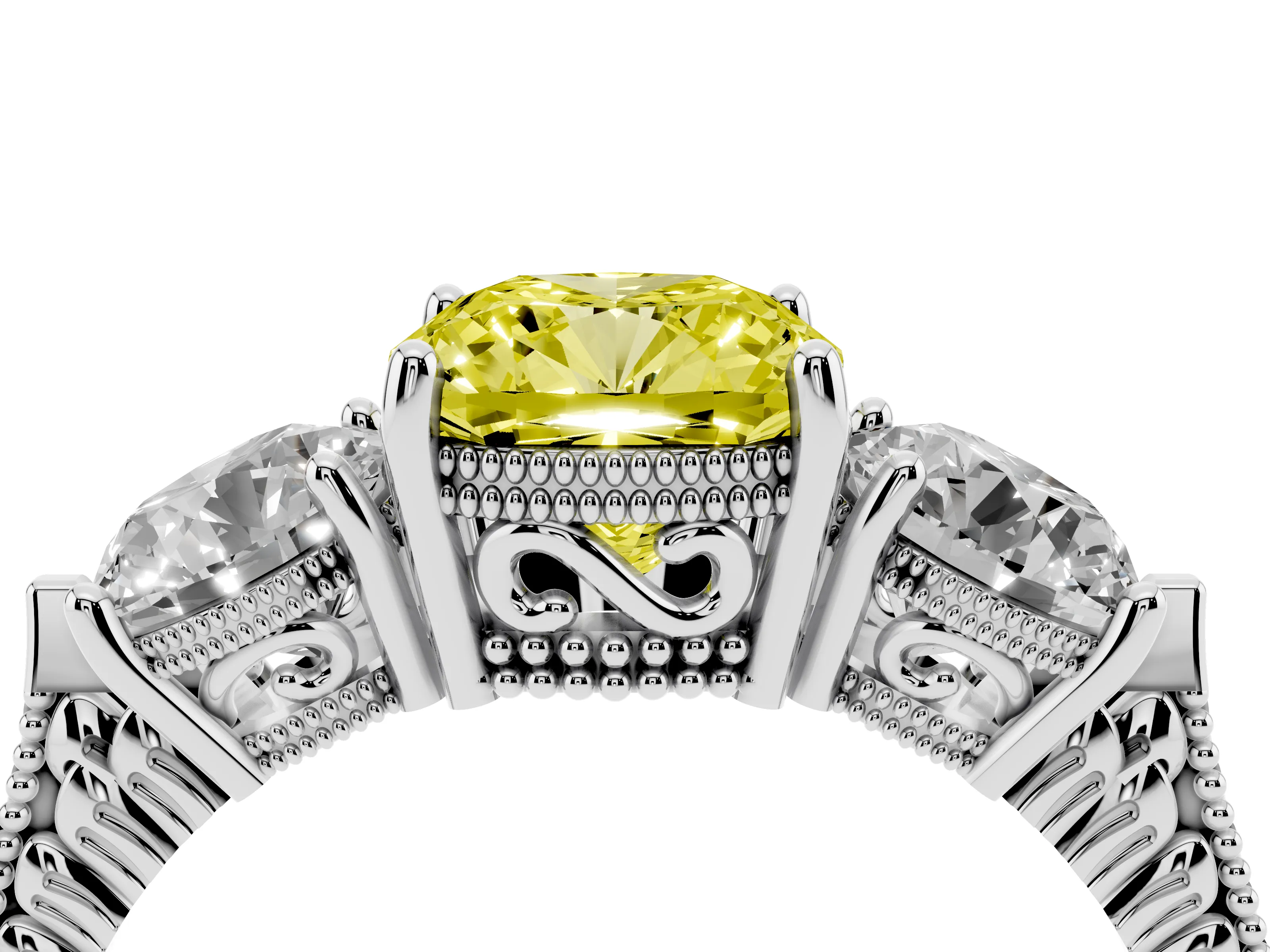 Fancy Yellow Cushion Cut Diamond Three-Stone Ring Set in Platinum with Milgrain Band