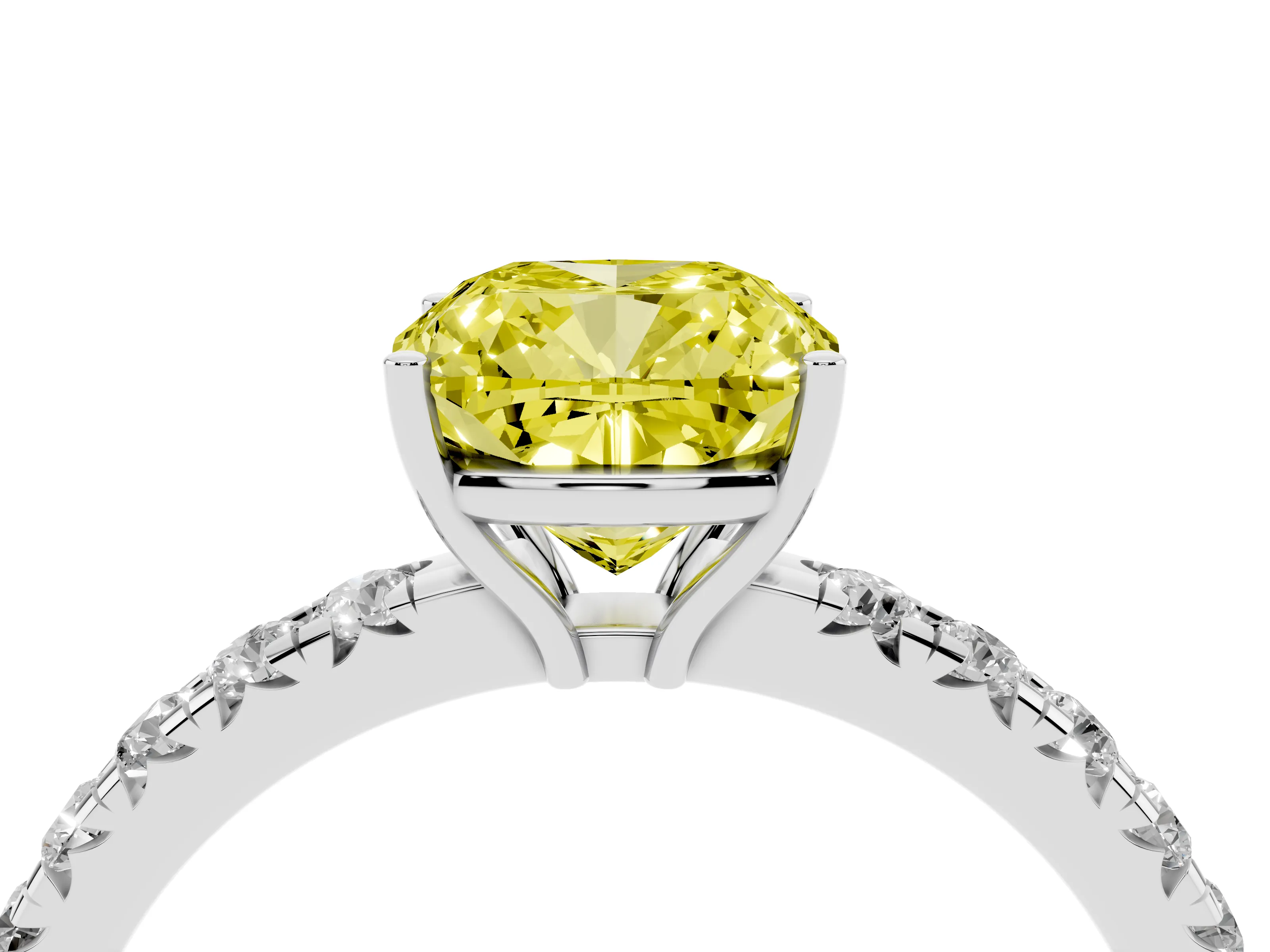 Fancy Yellow Cushion Cut Diamond Pavé Solitaire Engagement Ring Set in White gold with Prong Setting