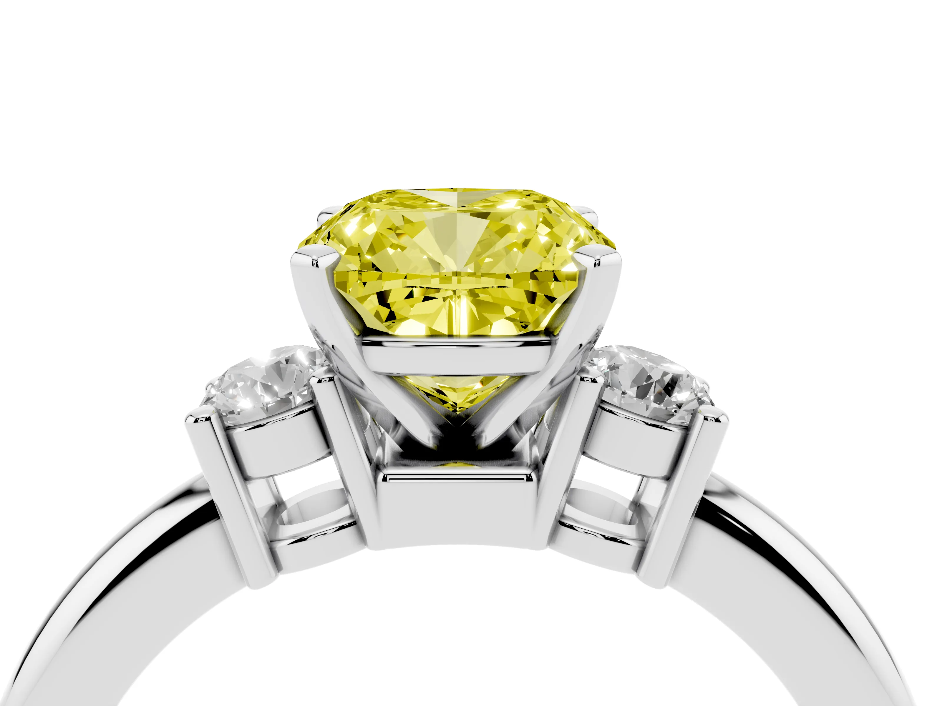 Fancy Yellow Three-Stone Cushion Cut Diamond Ring Set in Platinum with Prong Setting and Plain Band