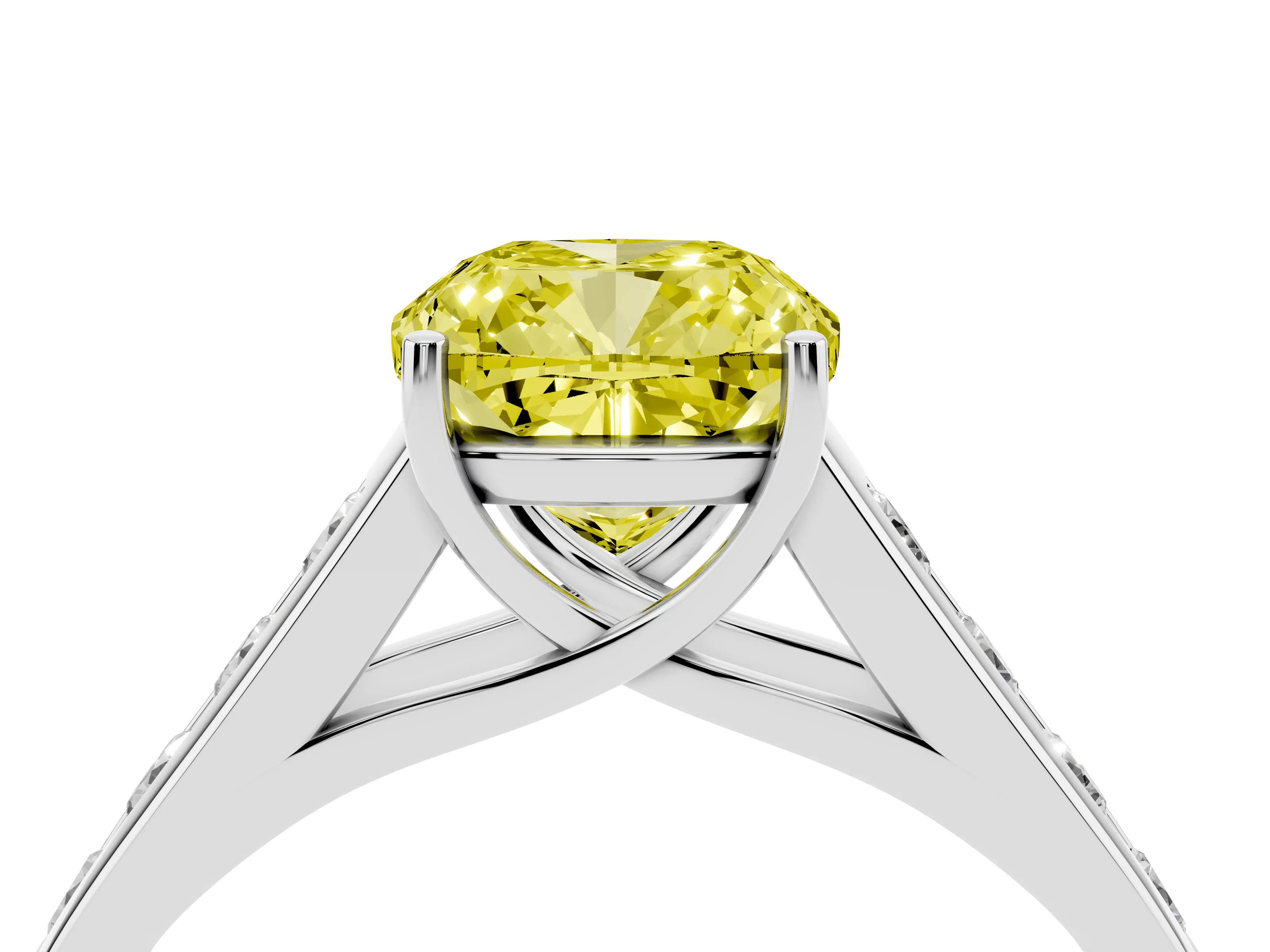 Fancy Yellow Cushion Cut Diamond Brilliant Channel-Set Solitaire Ring Set in Platinum with Prong Setting