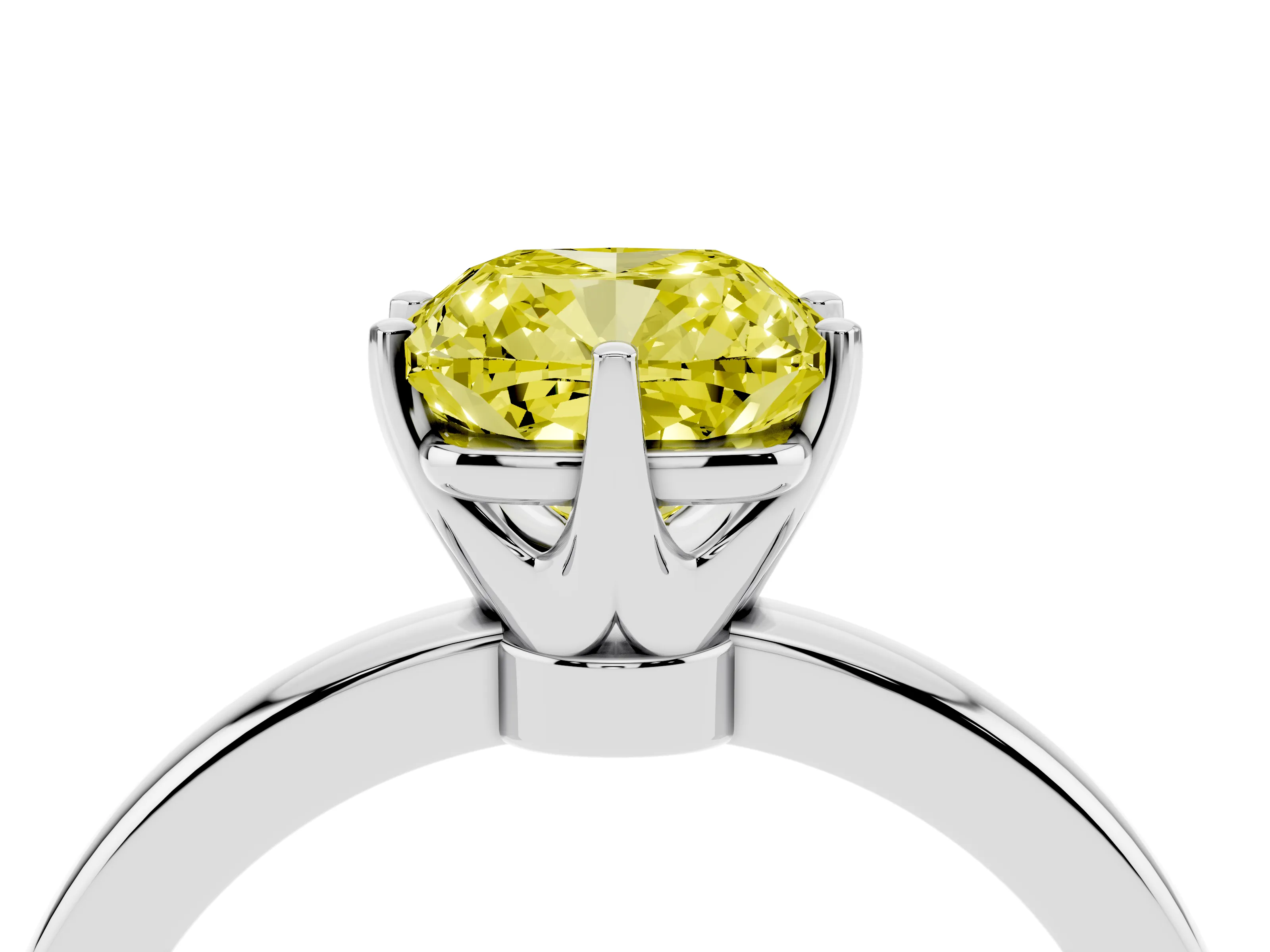 Fancy Yellow Cushion Cut Diamond Solitaire Ring Set in Platinum with Raised Prong Setting on a Classic Band