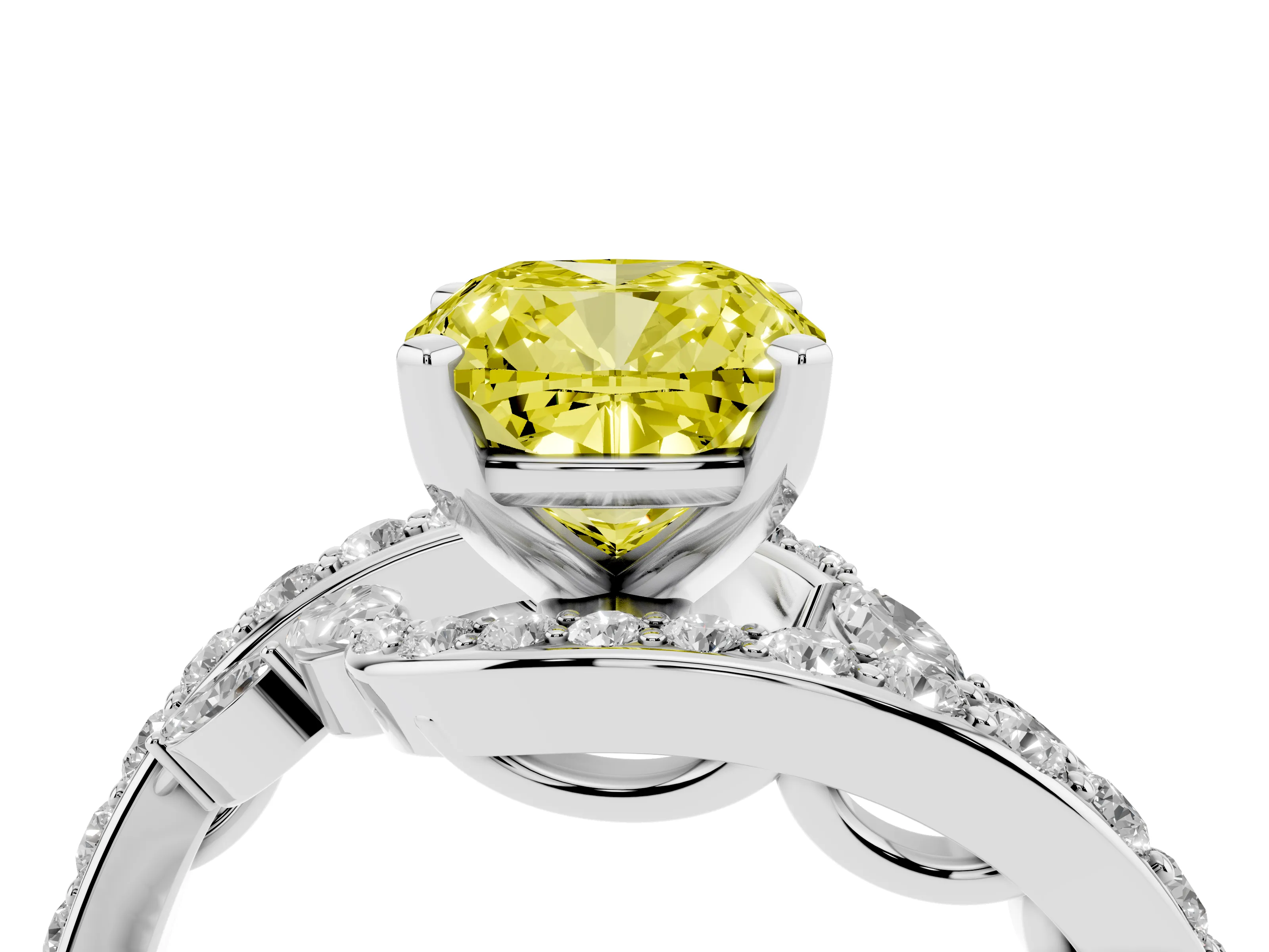 Fancy Yellow Cushion Cut Diamond Solitaire Ring Set in White gold with Pavé Twist Band and Secure Prong Setting