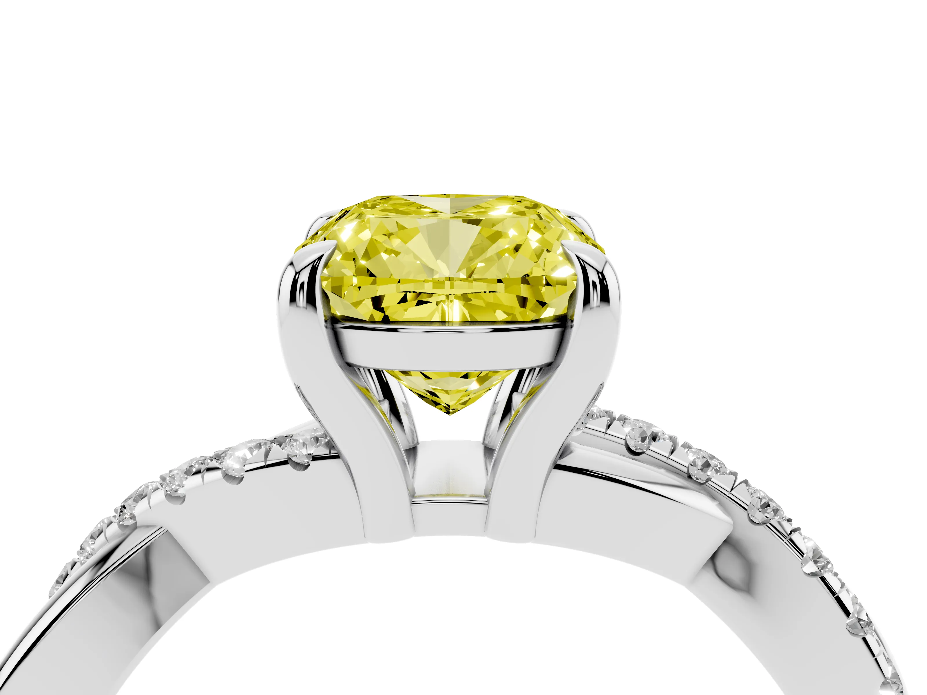 Fancy Yellow Cushion Cut Diamond Twist Band Pavé Solitaire Ring Set in Silver with Prong Setting