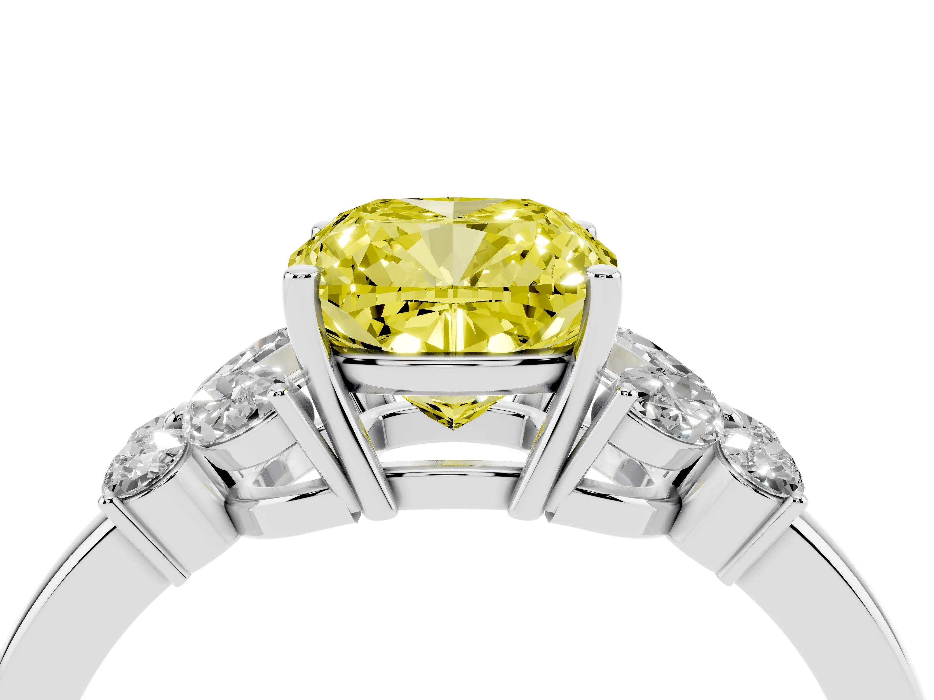 Fancy Yellow Cushion Cut Diamond Solitaire Floral Ring Set in Platinum with Marquise Petals and Prong Setting