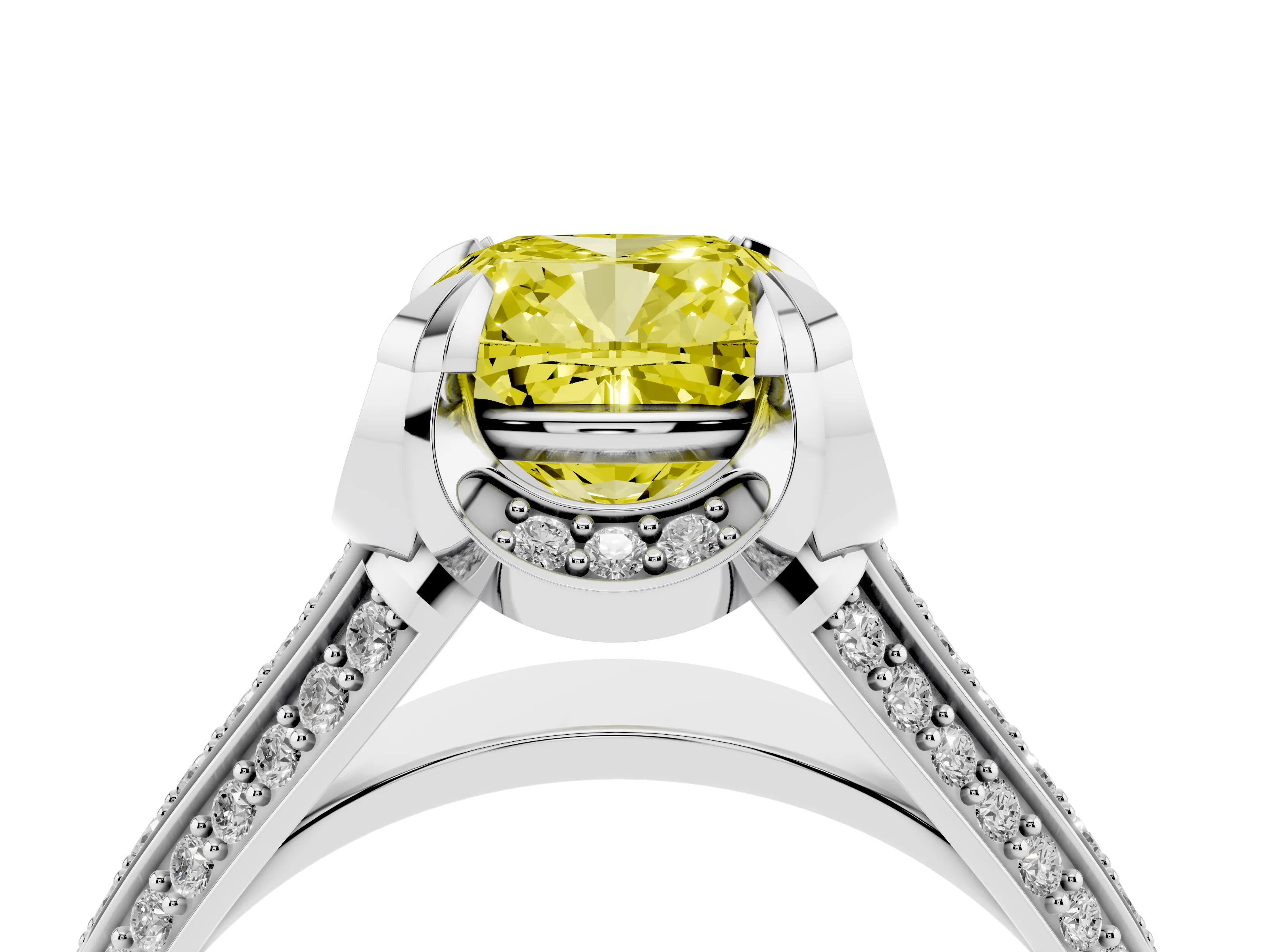 Fancy Yellow Cushion Cut Diamond Pavé Split Shank Solitaire Ring Set in White gold with Prong Setting