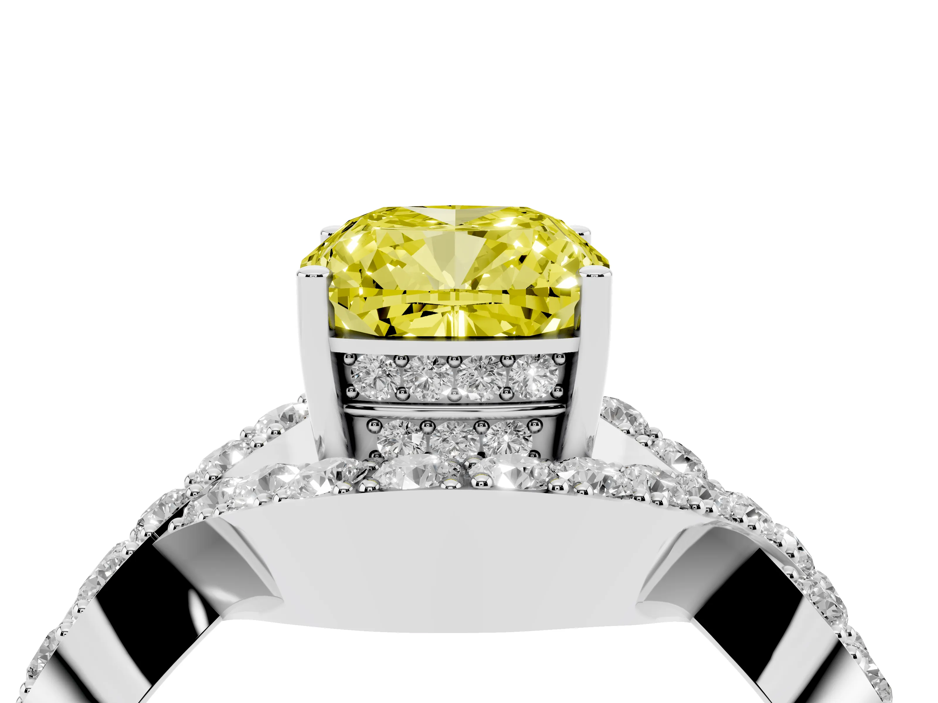 Fancy Yellow Cushion Cut Diamond Solitaire Twist Band Pavé Engagement Ring Set in White gold