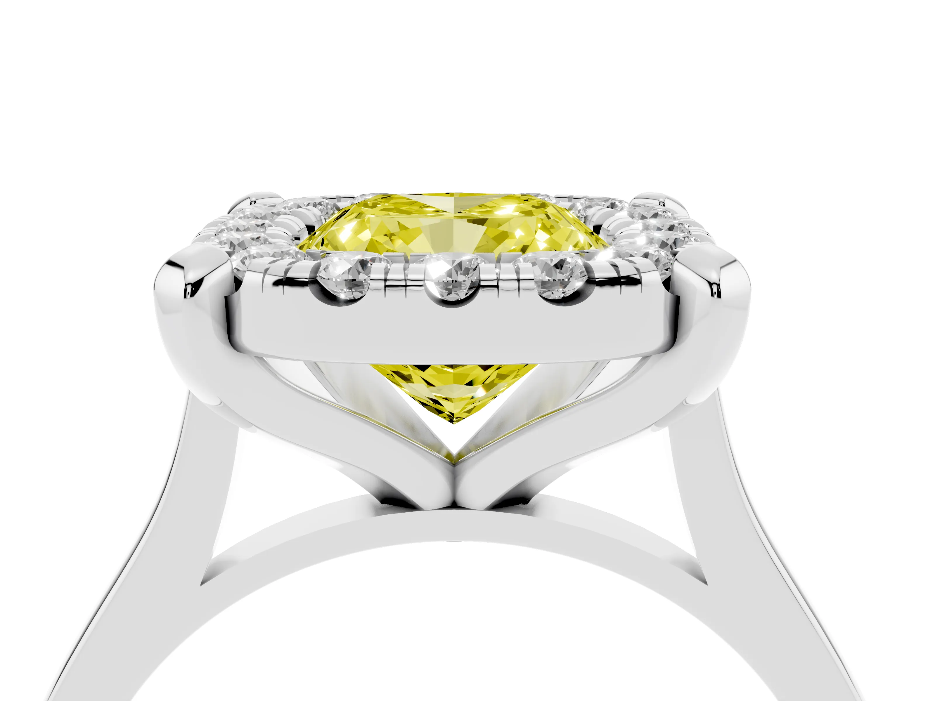 Fancy Yellow Cushion Cut Diamond Cluster Halo Solitaire Ring Set in Silver with Prong Setting