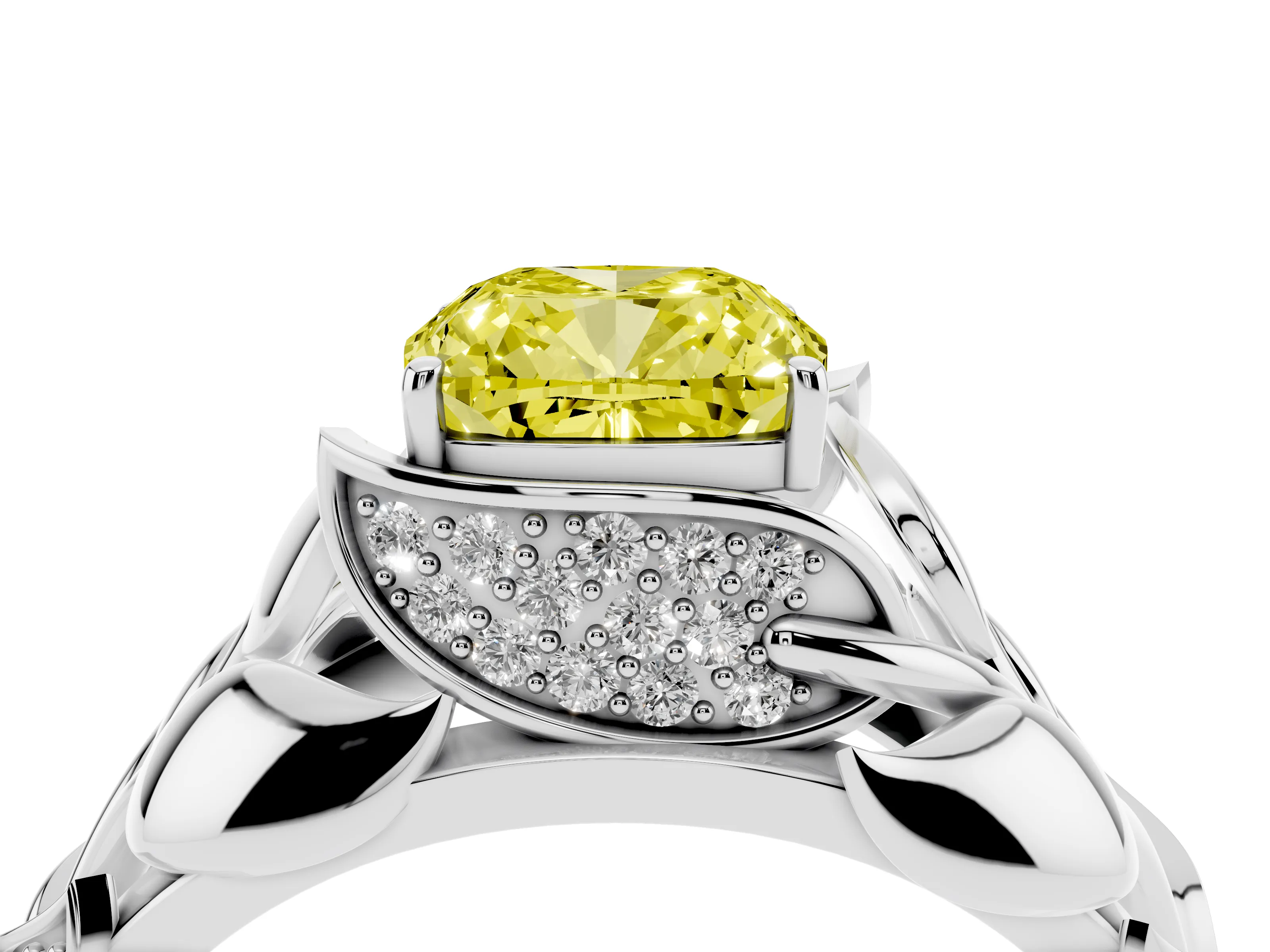 Fancy Yellow Cushion Cut Diamond Leaf-Inspired Engagement Ring Set in White gold with Round Accents