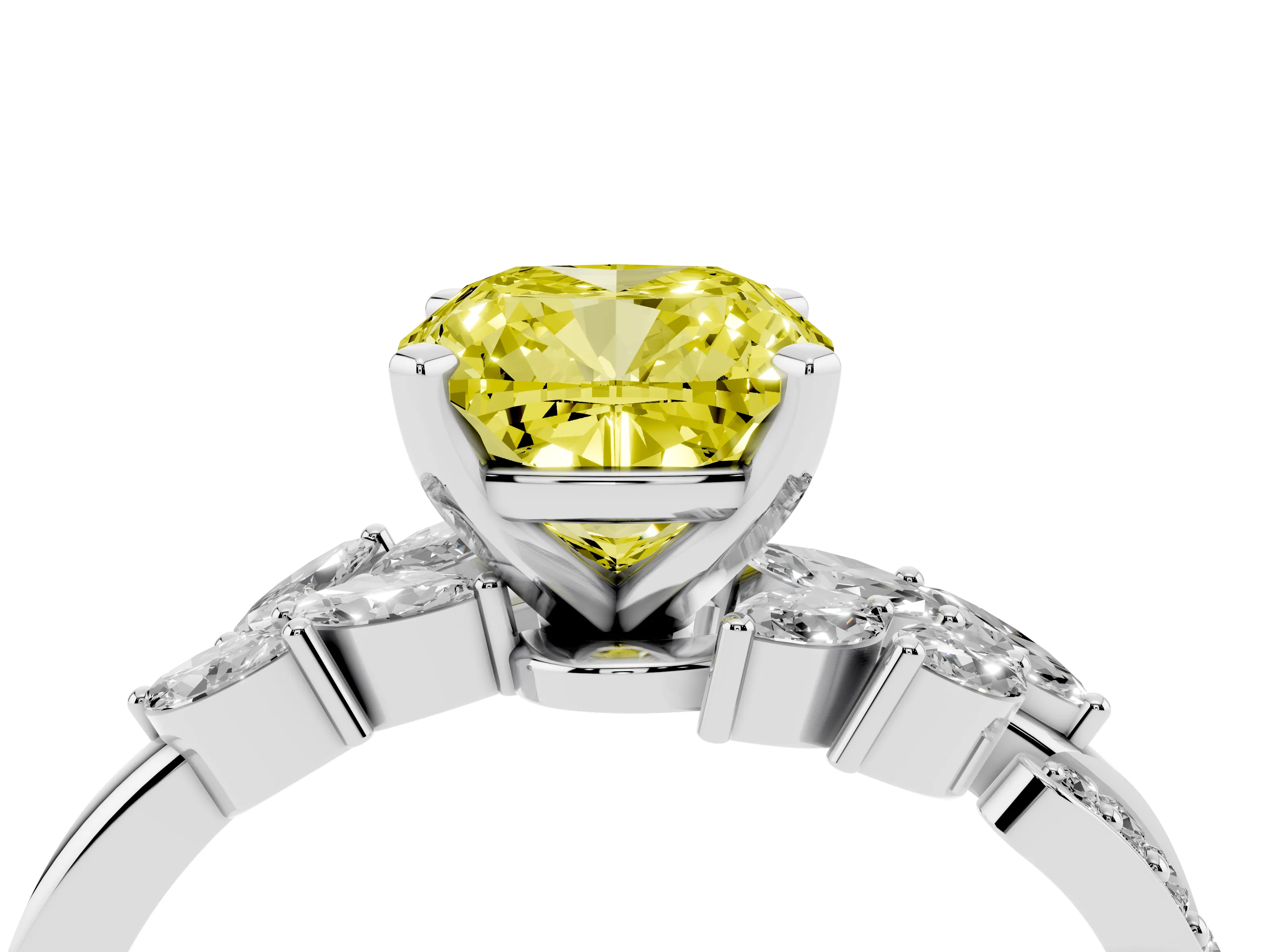 Fancy Yellow Cushion Cut Diamond Solitaire Ring Set in Platinum with Marquise Twist Band and Prong Setting