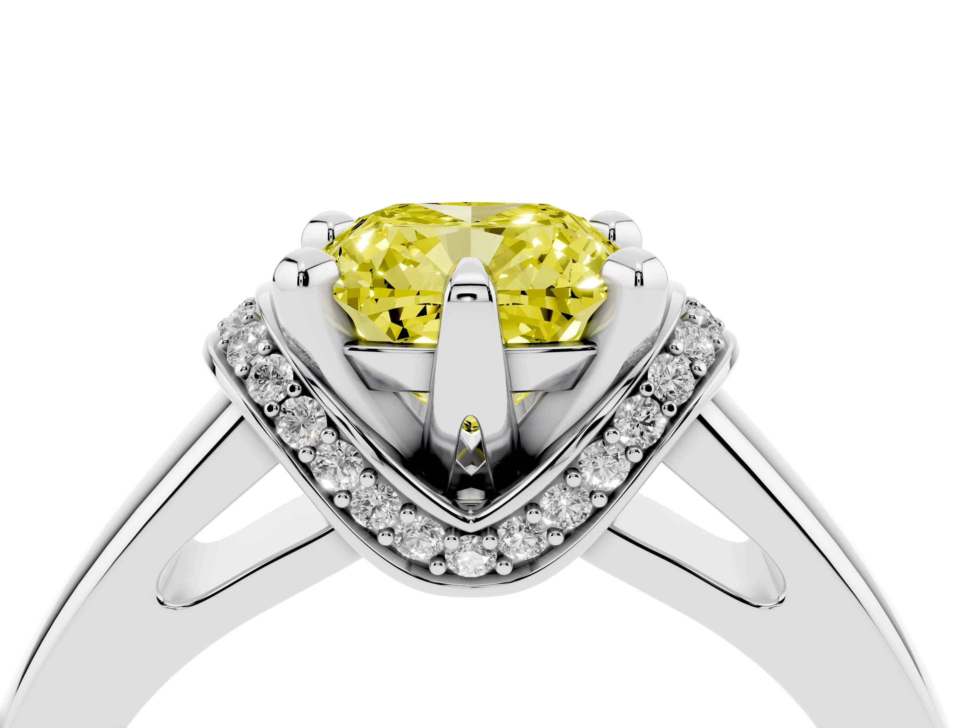 Fancy Yellow Cushion Cut Diamond Pavé Band Solitaire Ring Set in Silver with Prong Setting