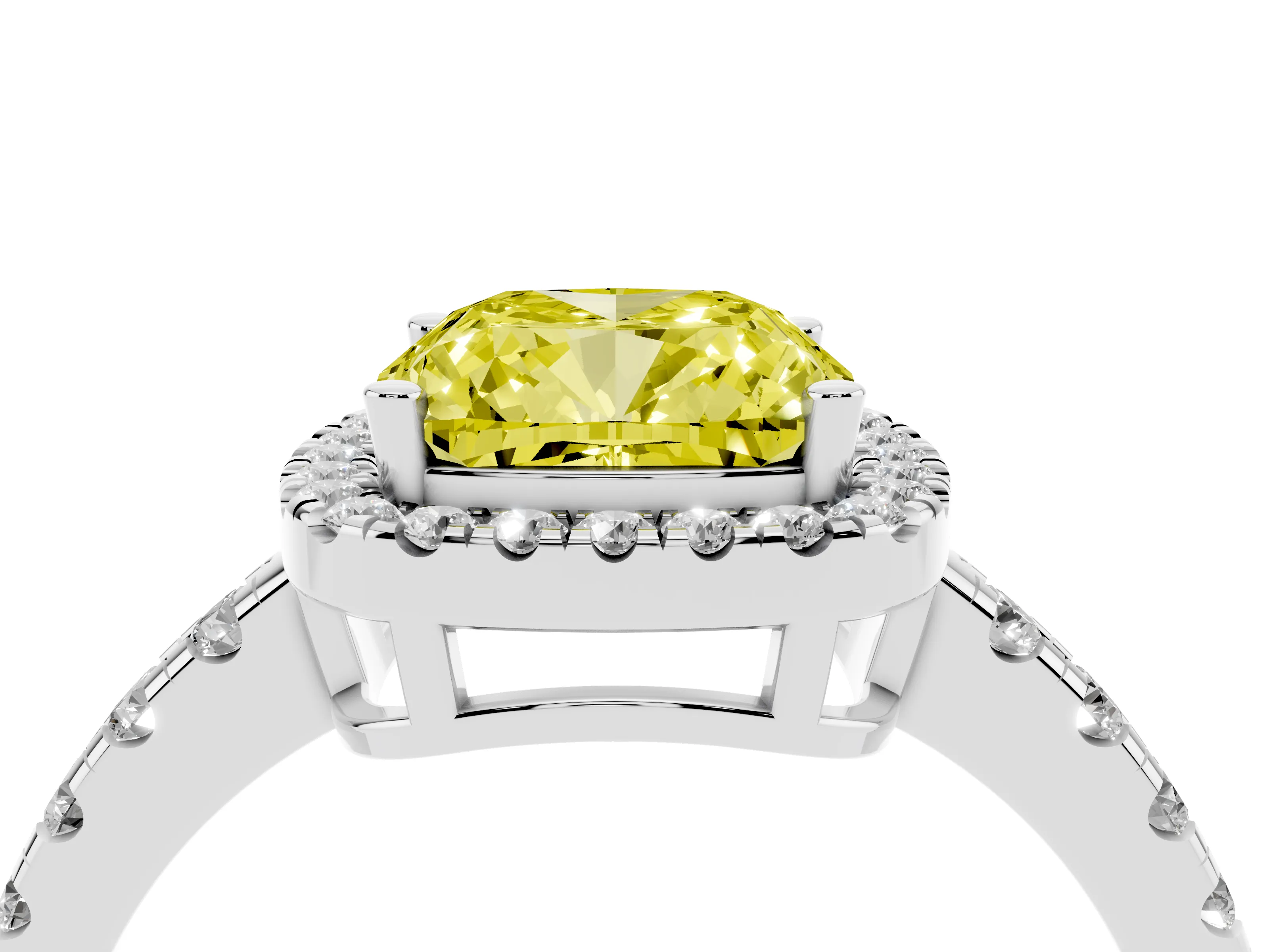 Fancy Yellow Cushion Cut Diamond Halo Ring Set in White gold with Delicate Pavé Band and Prong Setting