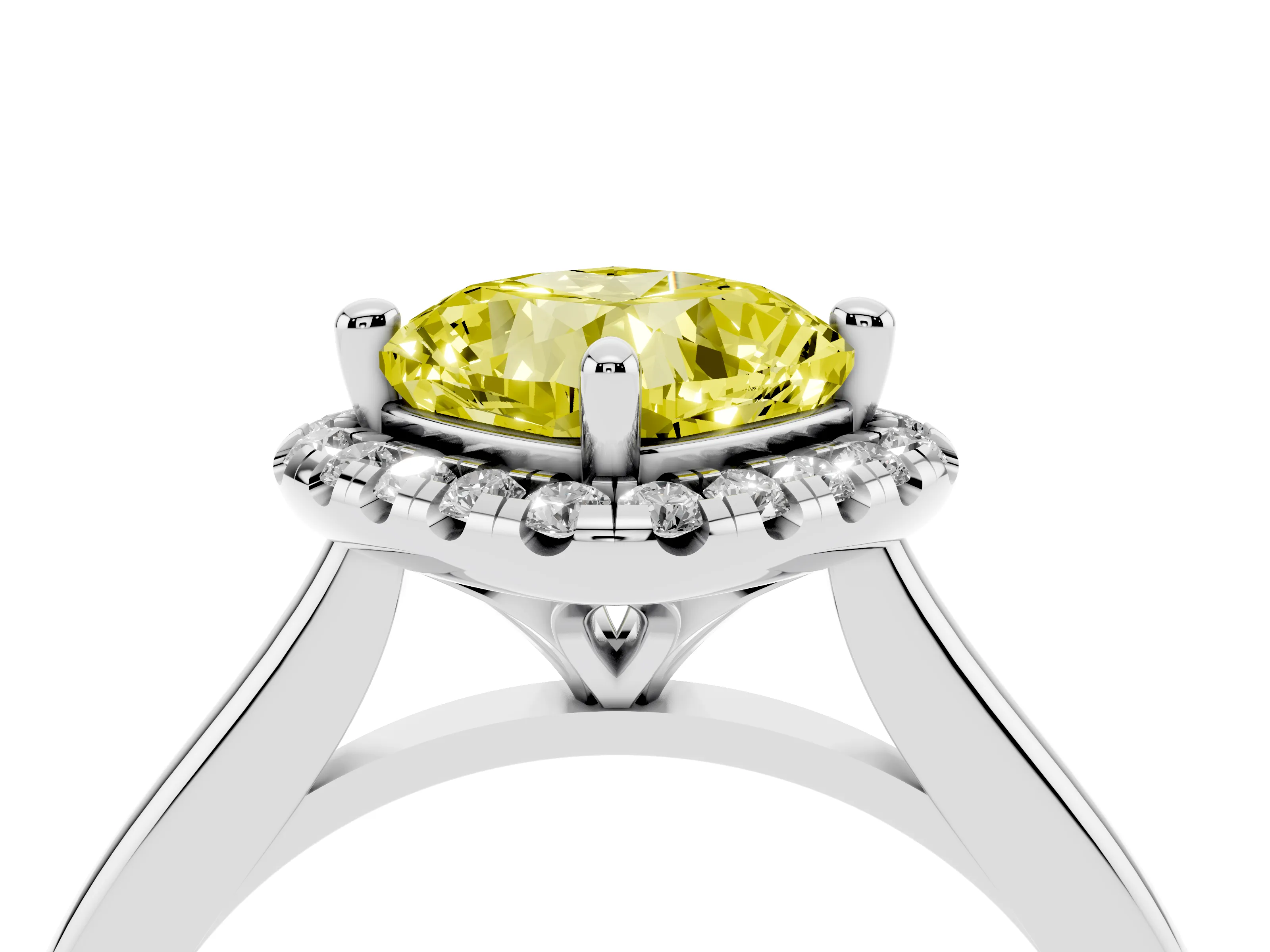 Fancy Yellow Cushion Cut Diamond Halo Engagement Ring Set in Platinum with Pavé Band and Rising Shoulders
