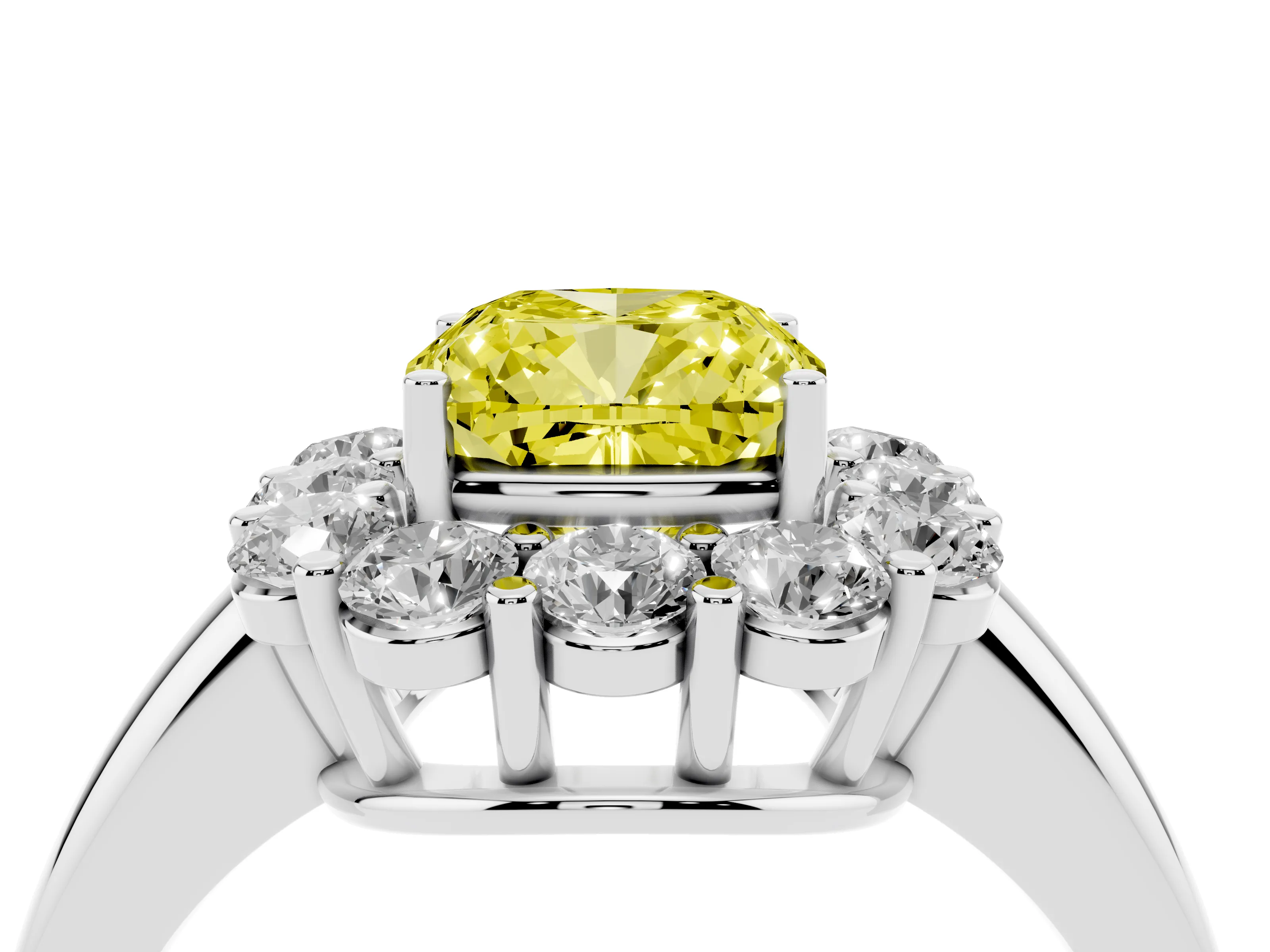 Fancy Yellow Cushion Cut Diamond Halo Cluster Engagement Ring Set in Platinum with Polished Band and Prong Setting