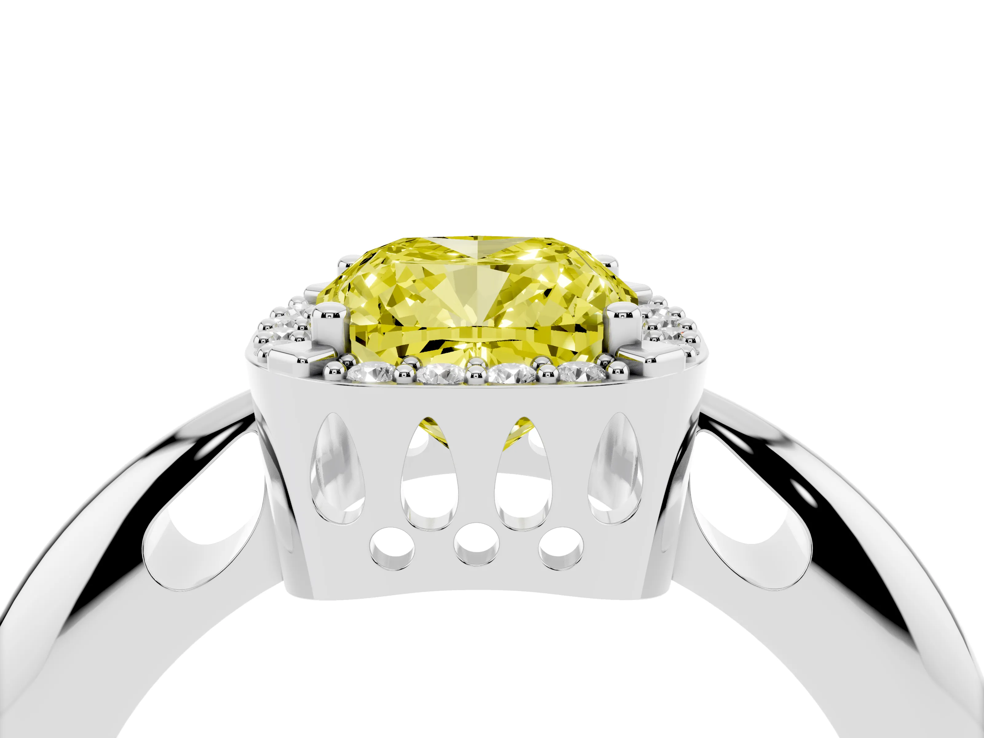 Fancy Yellow Cushion Cut Diamond Halo Engagement Ring Set in Silver with Plain Split Shank and Prong Setting
