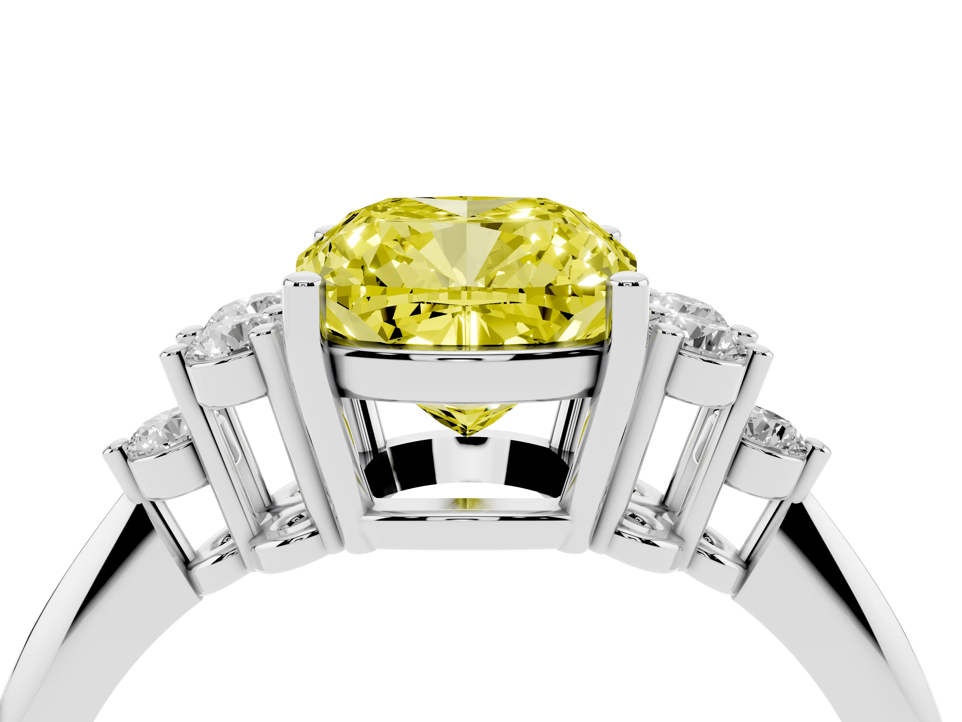 Fancy Yellow Cushion Cut Diamond Cluster Ring Set in White gold with Plain Band and Prong Setting