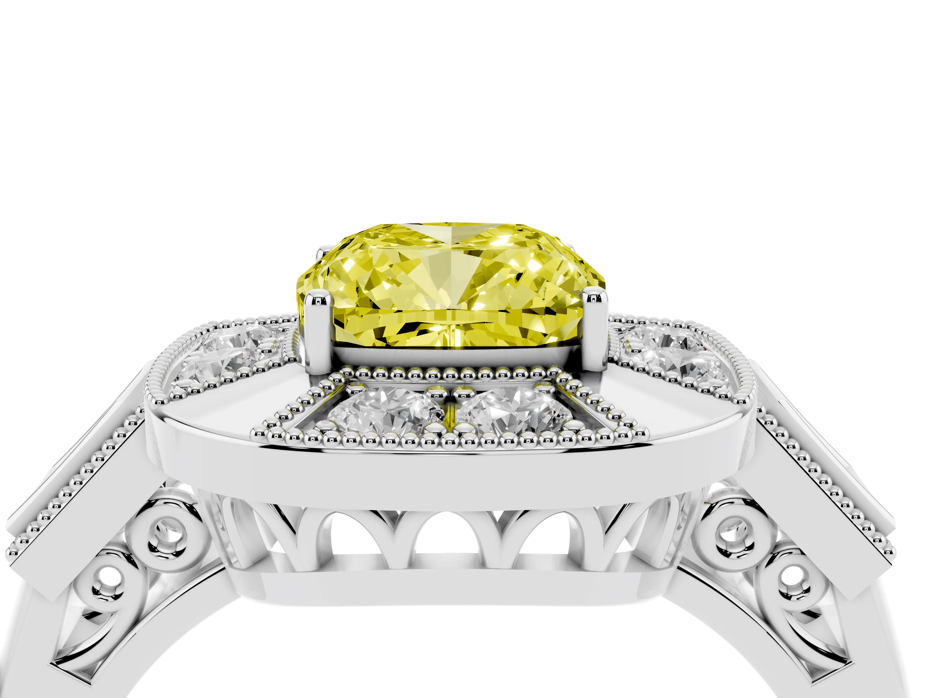 Fancy Yellow Cushion Cut Diamond Milgrain Halo Ring Set in White gold with Split Shank