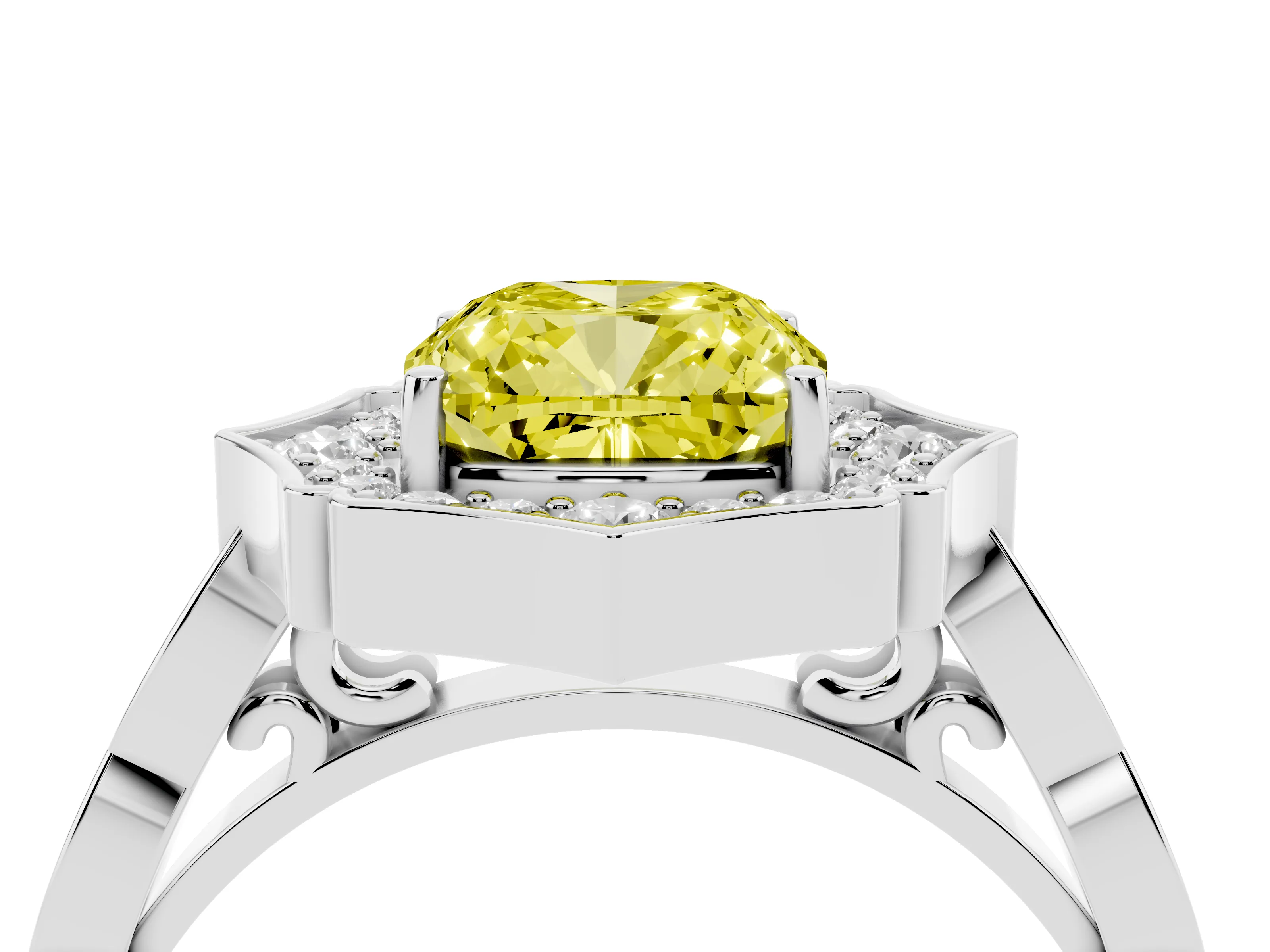 Fancy Yellow Cushion Cut Diamond Halo Engagement Ring Set in Platinum with Milgrain Band and Prong Setting