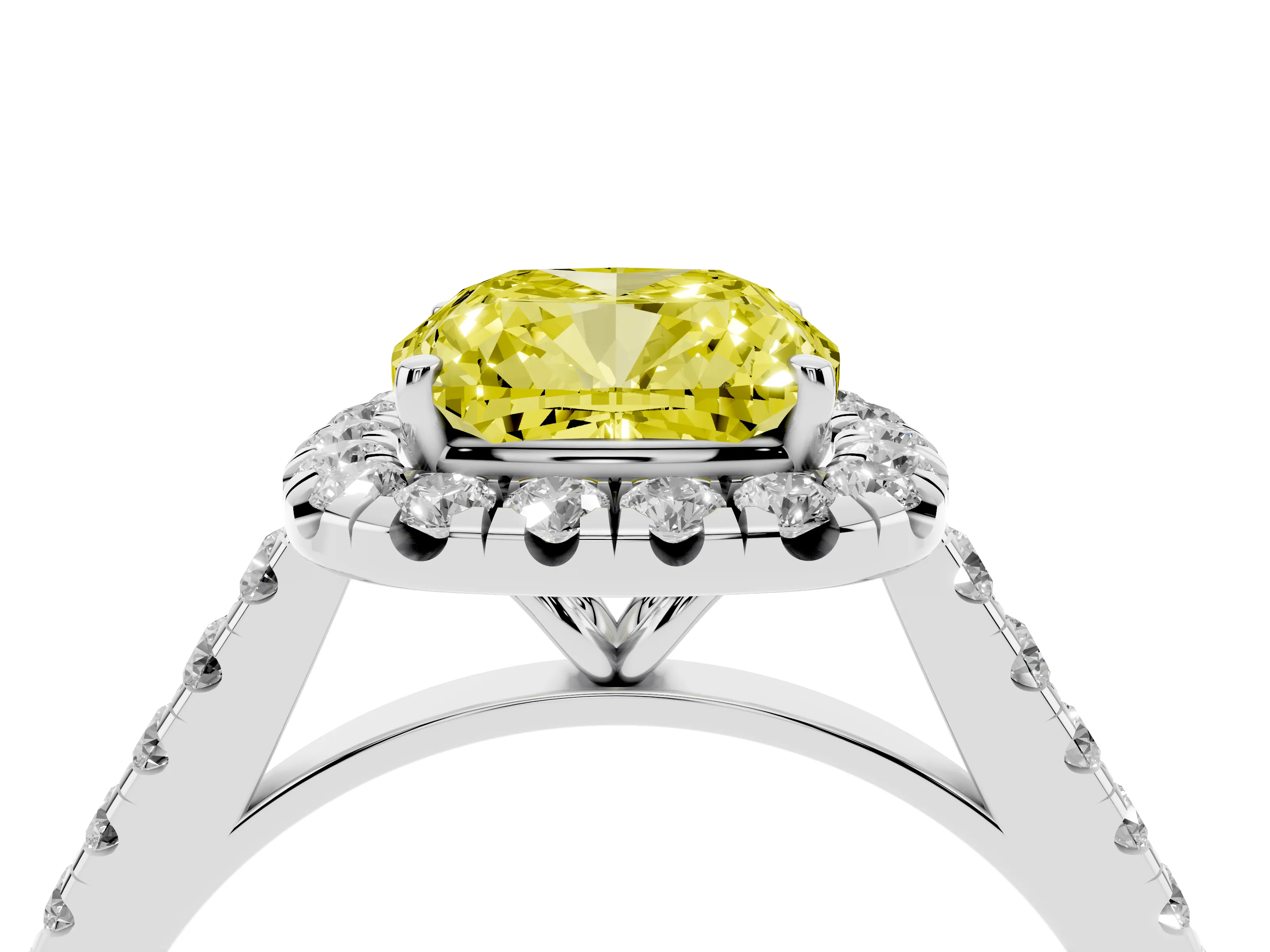 Fancy Yellow Cushion Cut Diamond Halo Pavé Engagement Ring Set in White gold with Prong Setting