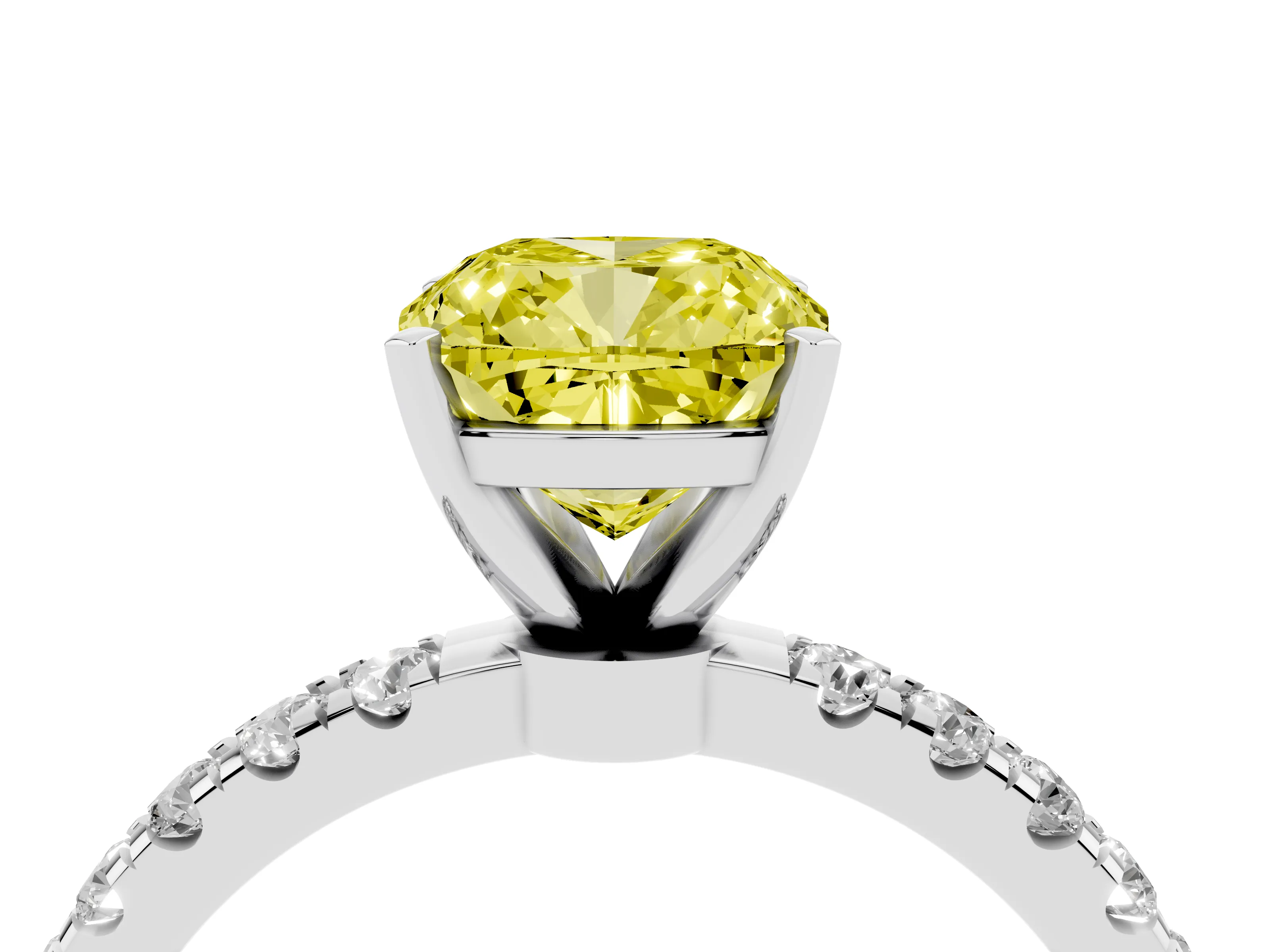 Fancy Yellow Cushion Cut Diamond Solitaire Ring Set in Silver with Pavé Accents and Prong Setting