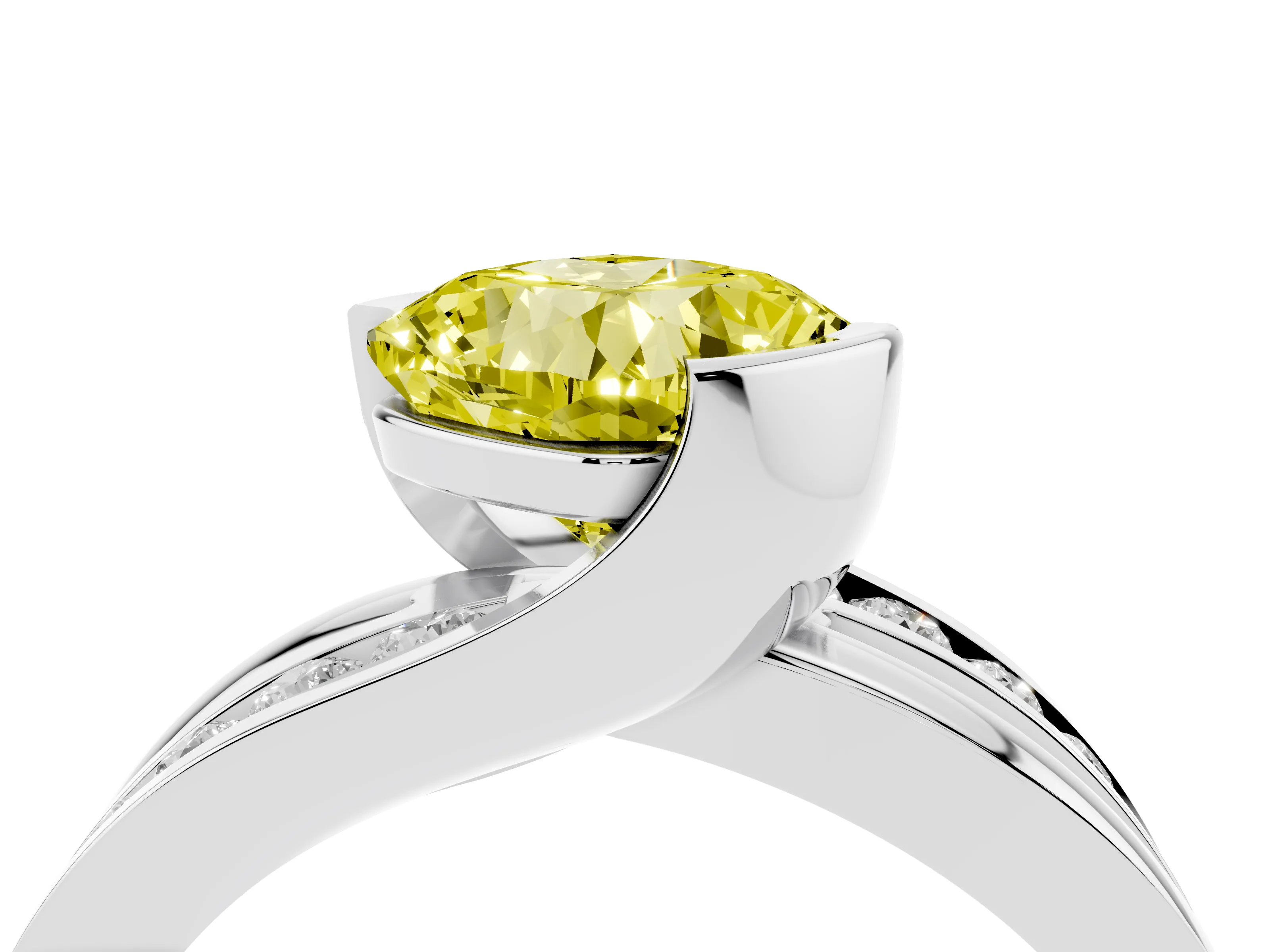 Fancy Yellow Cushion Cut Diamond Solitaire Ring Set in White gold with Channel Set Split Shank and Tension Prongs