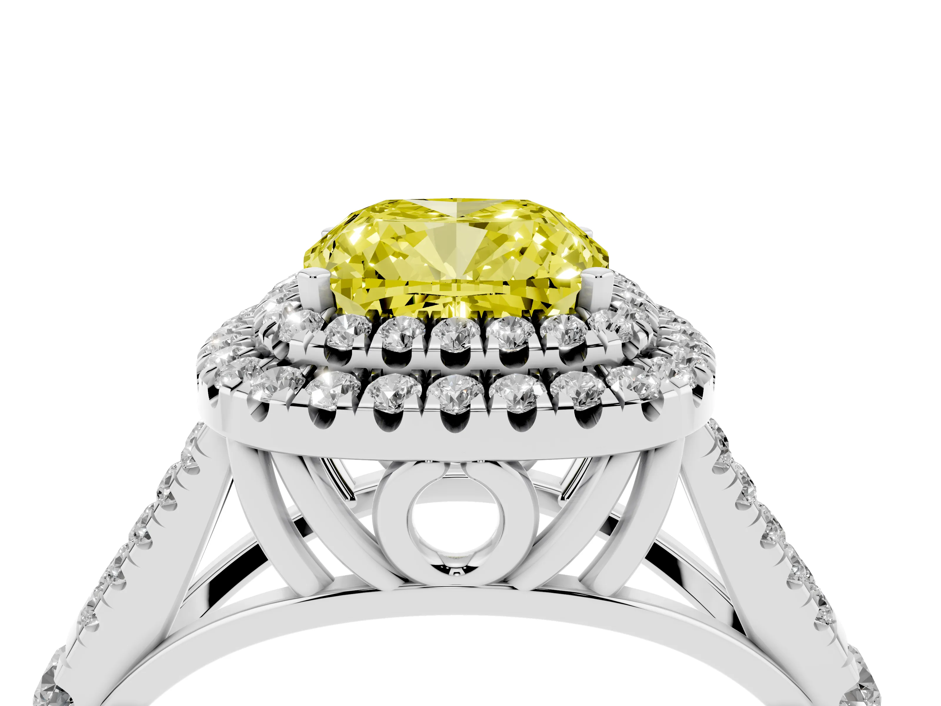 Fancy Yellow Cushion Cut Diamond Pavé Split Shank Double Halo Engagement Ring Set in Platinum