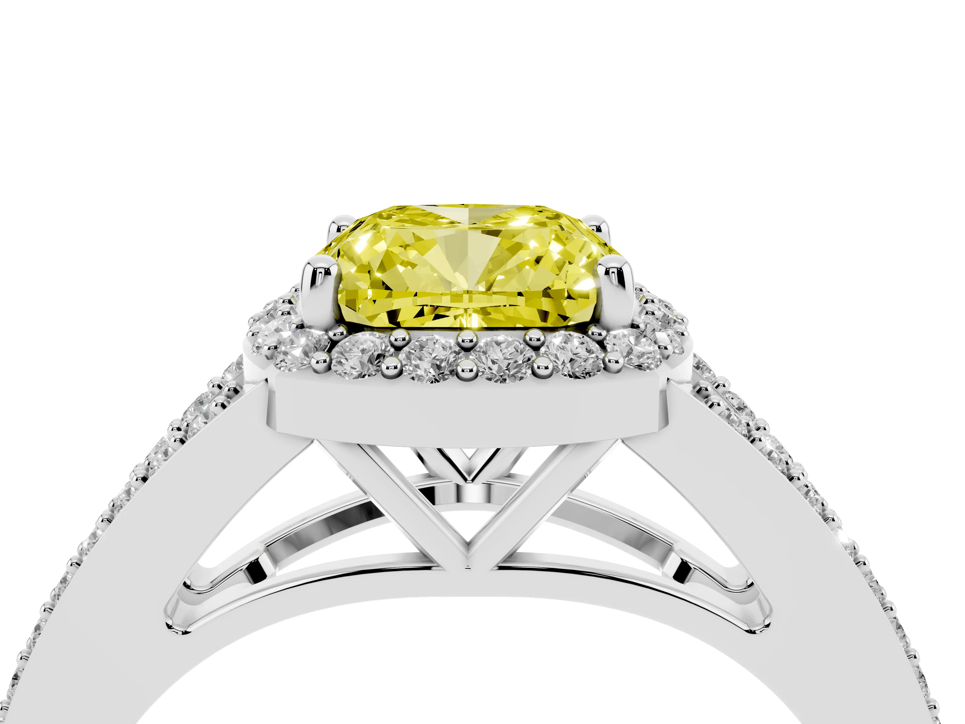 Fancy Yellow Cushion Cut Diamond Halo Split Shank Ring Set in Silver with Accent Stones and Prong Setting