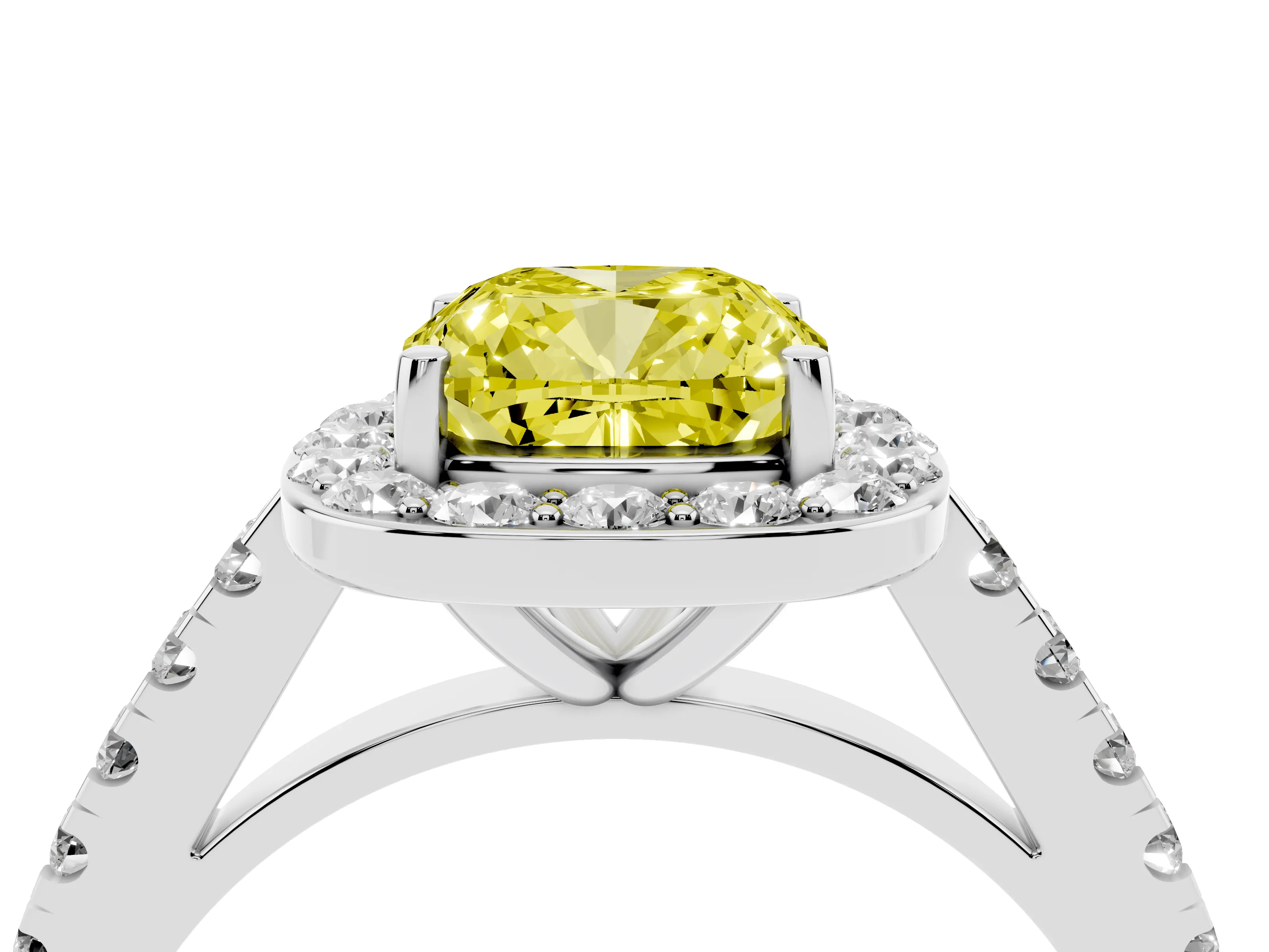 Fancy Yellow Cushion Cut Diamond Halo Ring Set in White gold with Round Pavé Split Shank and Prong Setting